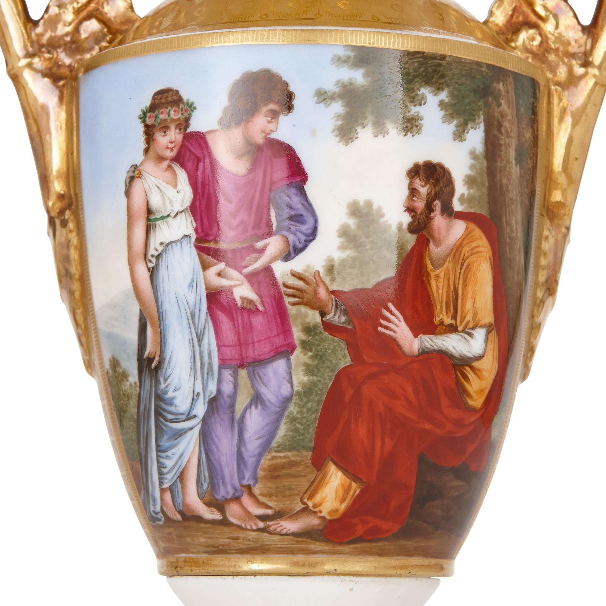 These elegant porcelain vases were crafted in France in 1825-1835. They are designed in the Renaissance style, shaped like Greek Amphora vases, and painted with classically-inspired scenes. 

The white porcelain vases have gilt mouths, set on gilt