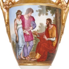 Pair of Renaissance Style Gilt and Painted Porcelain Vases with Romantic Scenes