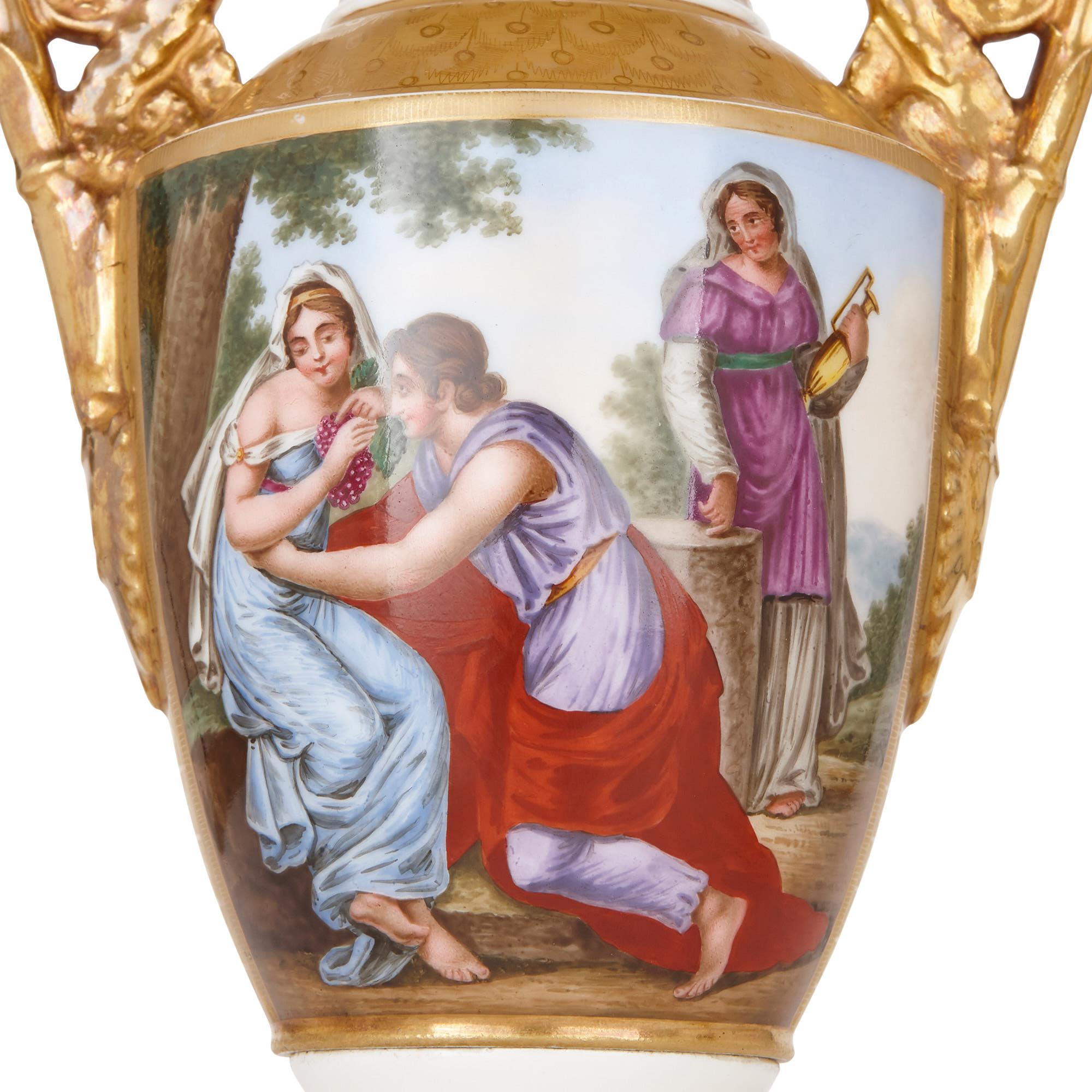 French Pair of Renaissance Style Gilt and Painted Porcelain Vases with Romantic Scenes For Sale