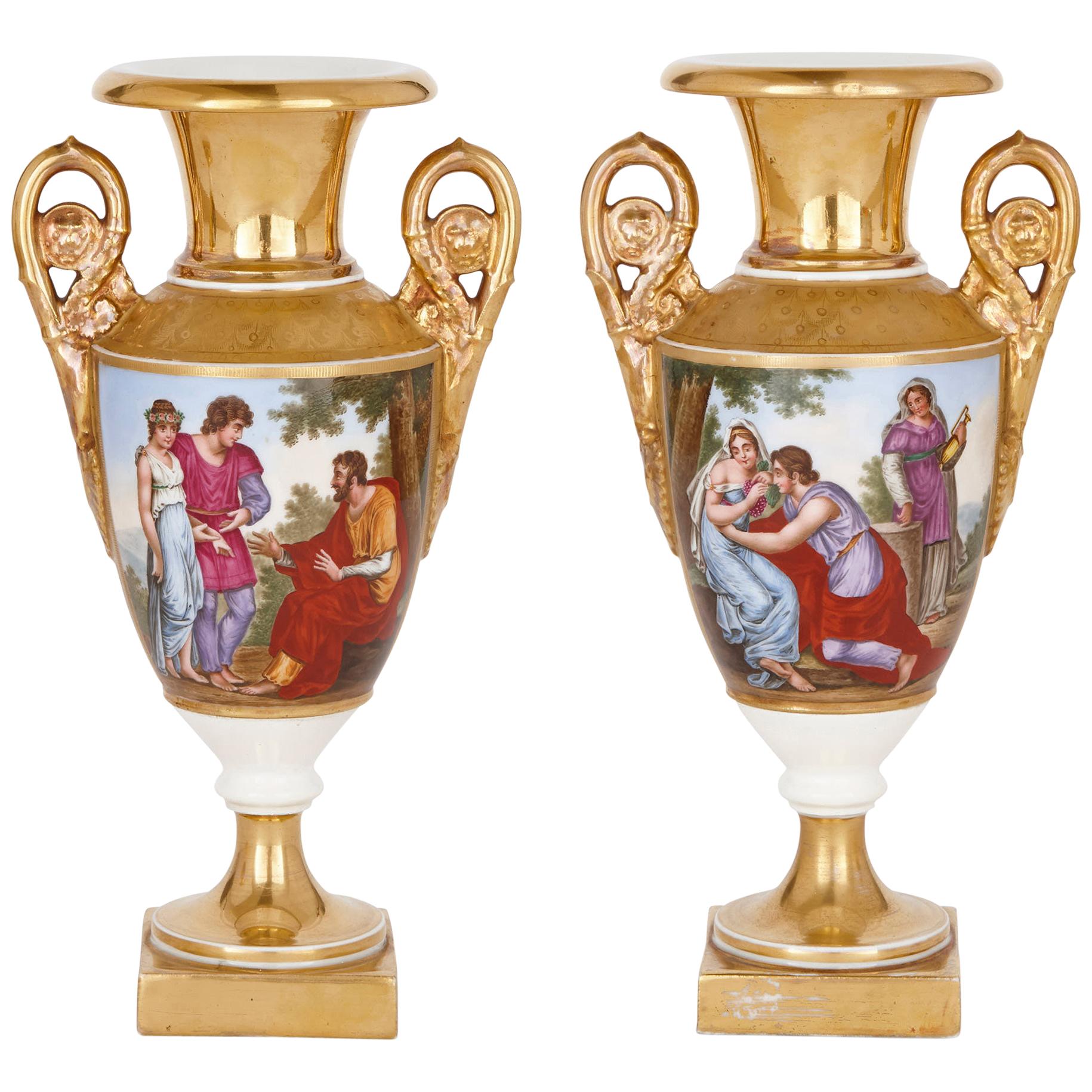 Pair of Renaissance Style Gilt and Painted Porcelain Vases with Romantic Scenes For Sale