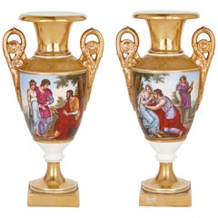 Pair of Renaissance Style Gilt and Painted Porcelain Vases with Romantic Scenes