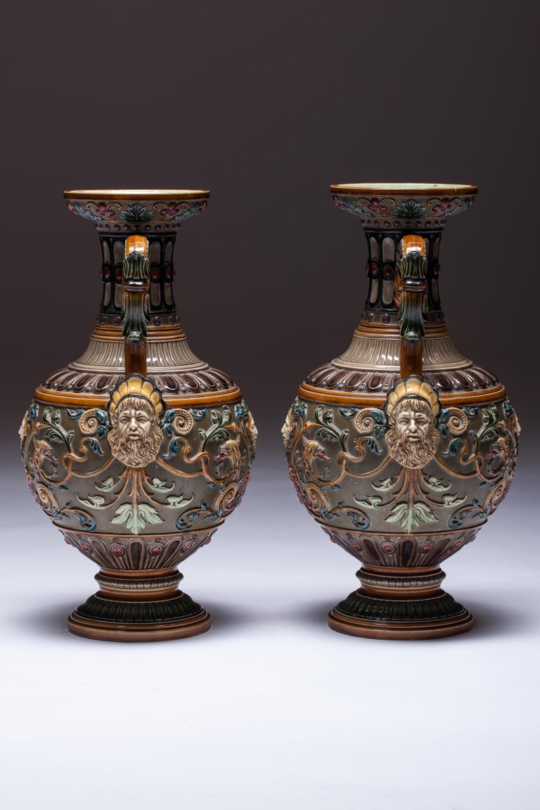 Pair of RenaissanceStyle Majolica England Vases For Sale at 1stdibs