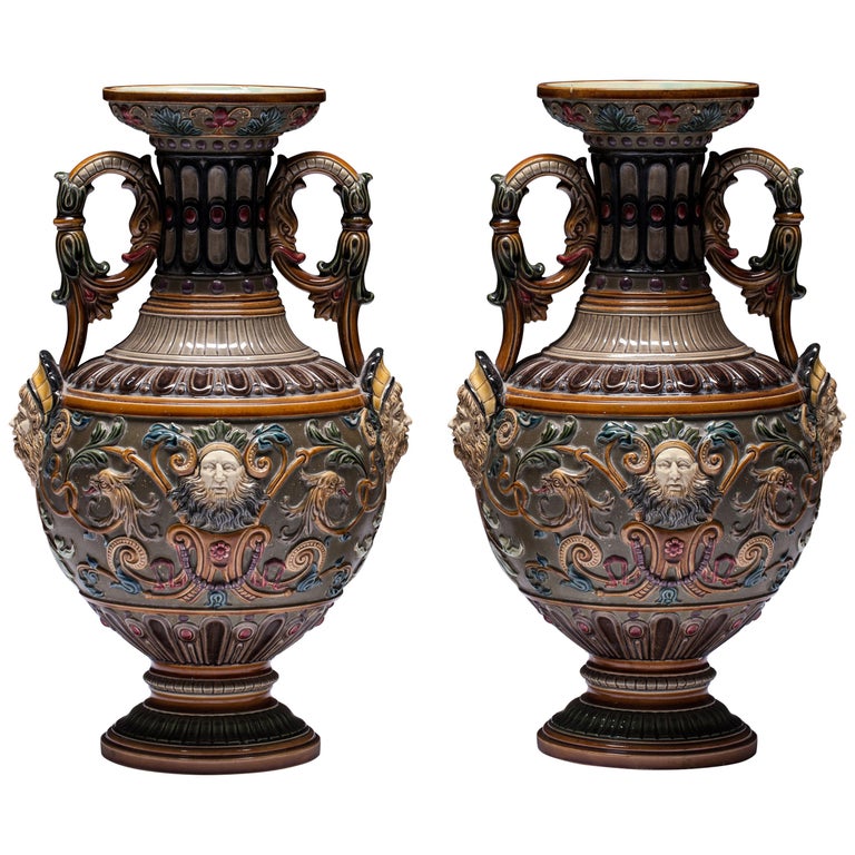 Pair of RenaissanceStyle Majolica England Vases For Sale at 1stdibs