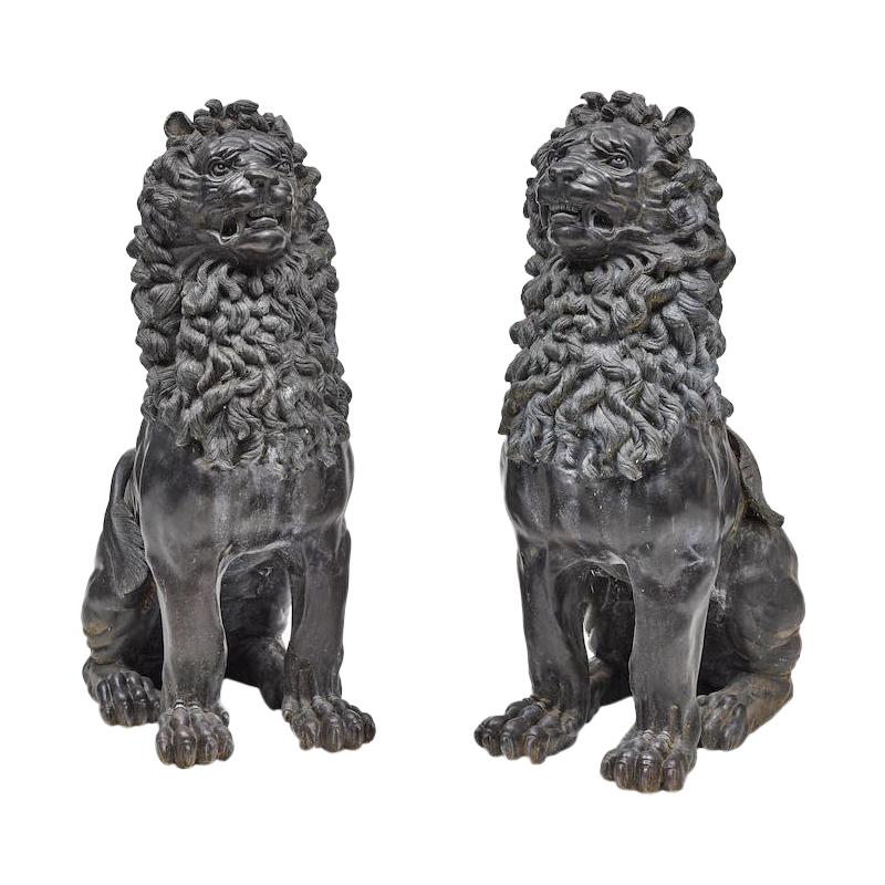 Pair of Renaissance Style Patinated Bronze Guardian Lions
