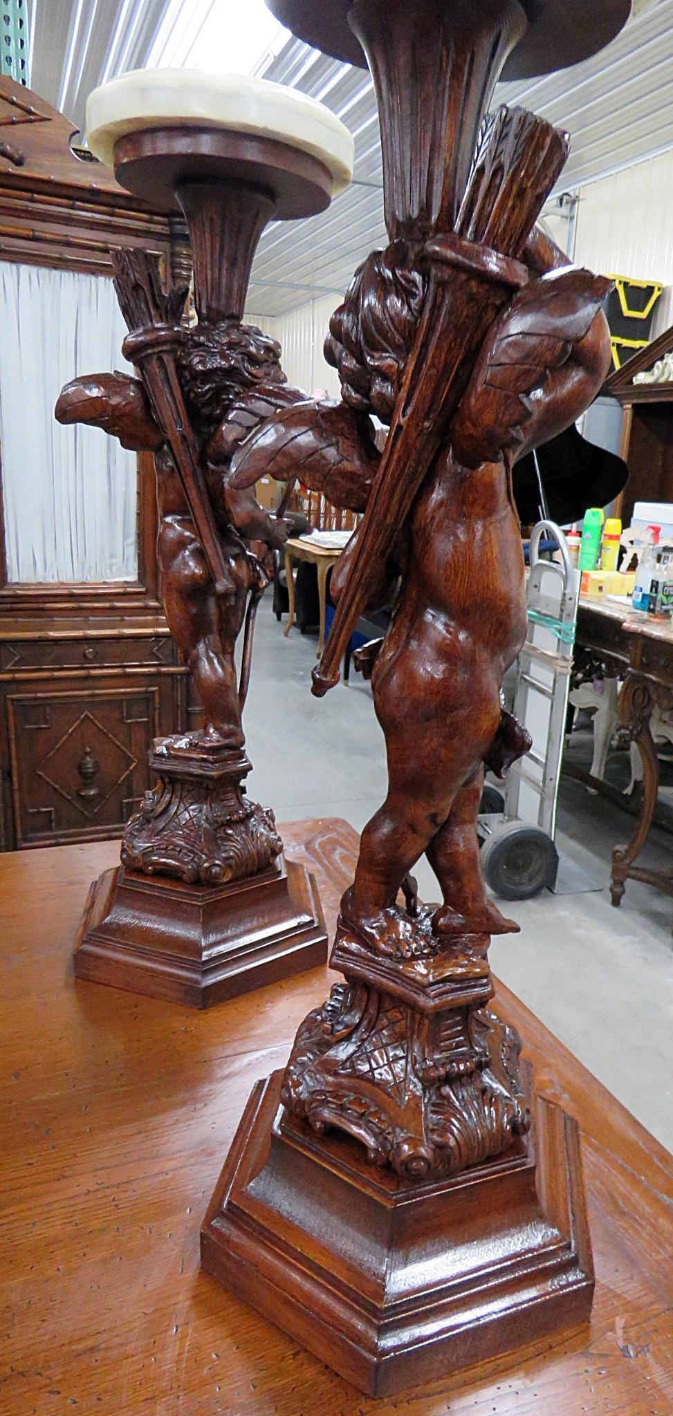 Pair of Carved Walnut Renaissance Style Winged Cherub Putti Onyx Top Pedestals 2