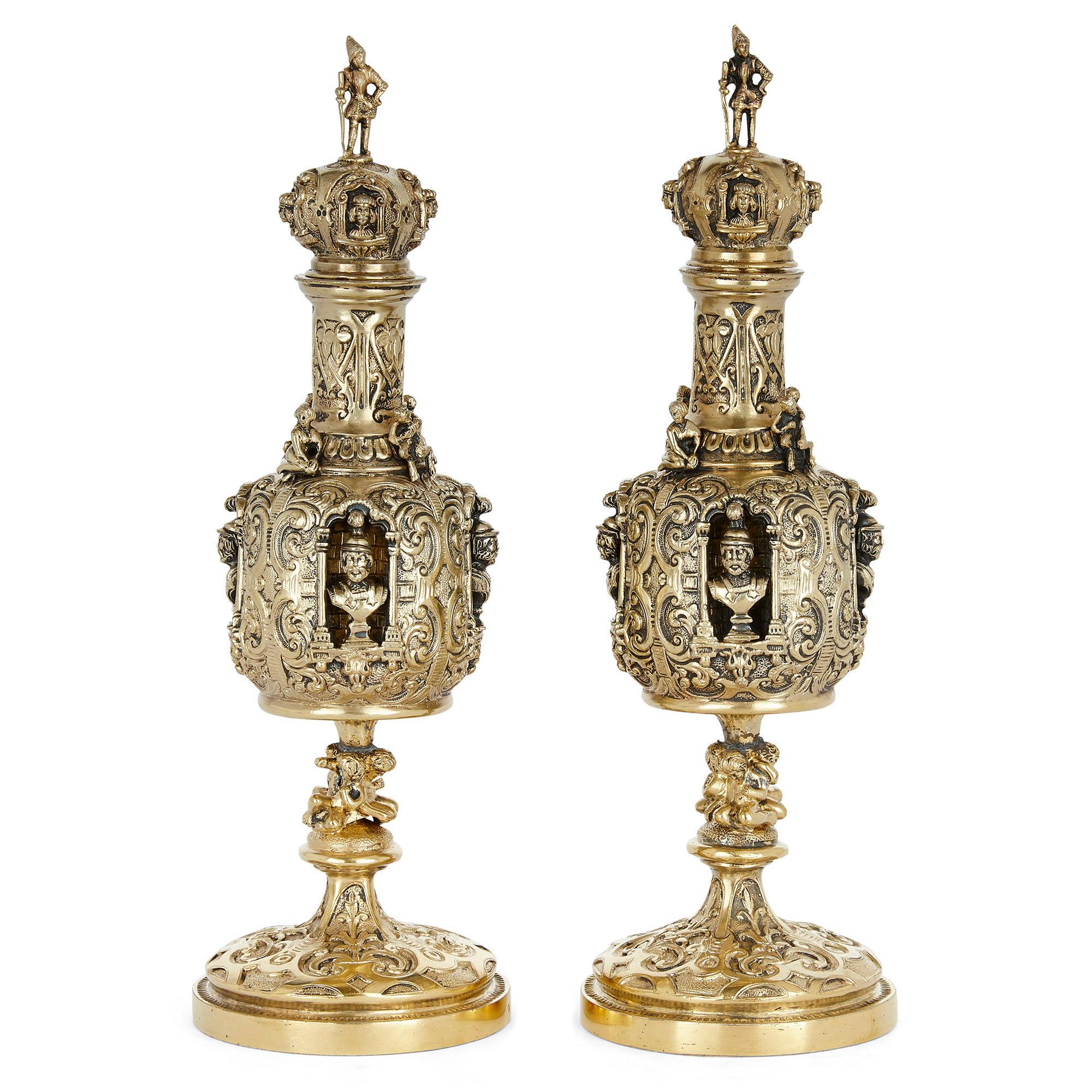 Pair of Renaissance style vermeil perfume bottles
Continental, 19th century
Measures: Height 20cm, diameter 6.5cm

This beautiful pair of perfume bottles—also known as scent bottles—is crafted from vermeil, or gilded silver, in the Renaissance