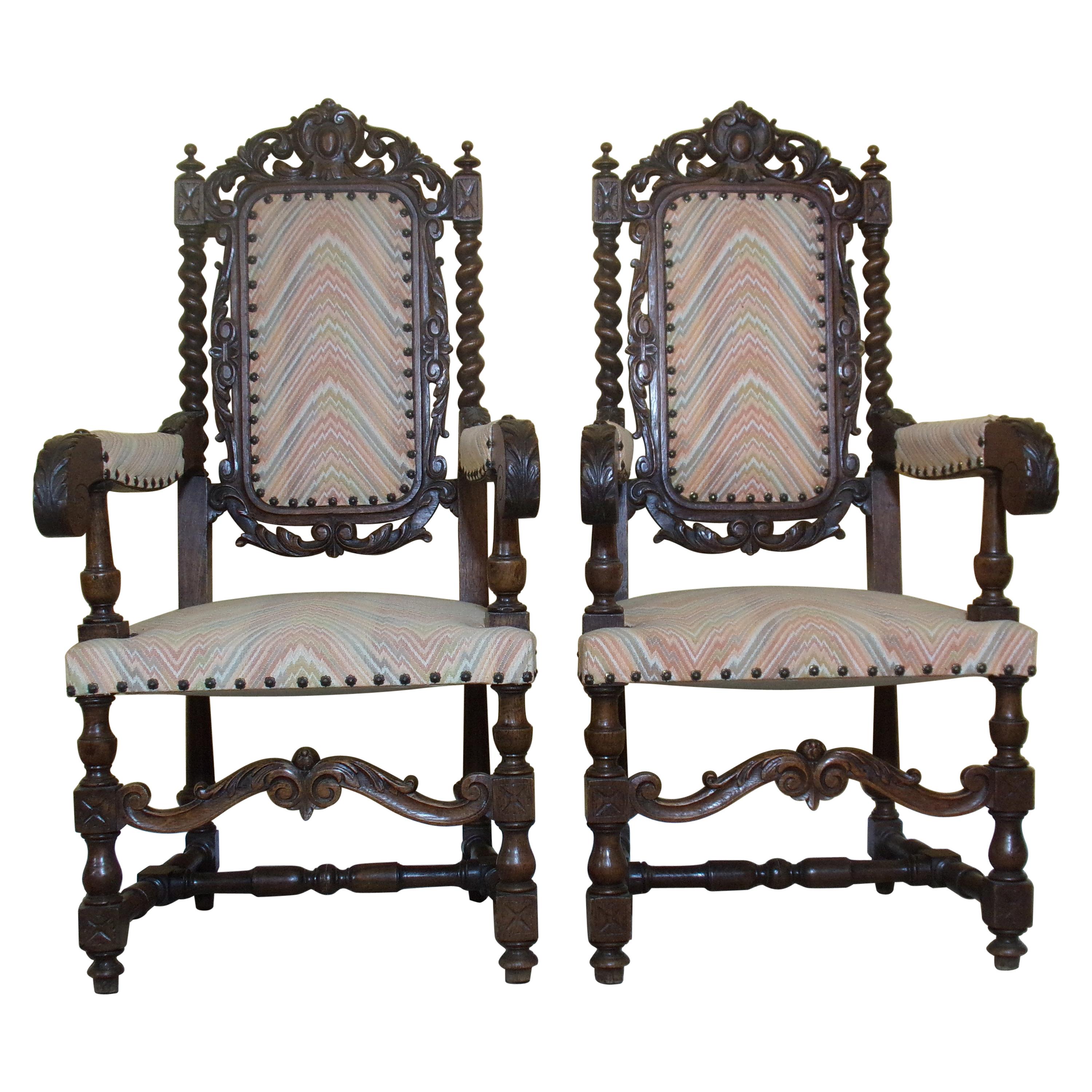 Pair of Renaissances Style Carved Throne Armchairs, C1880 For Sale