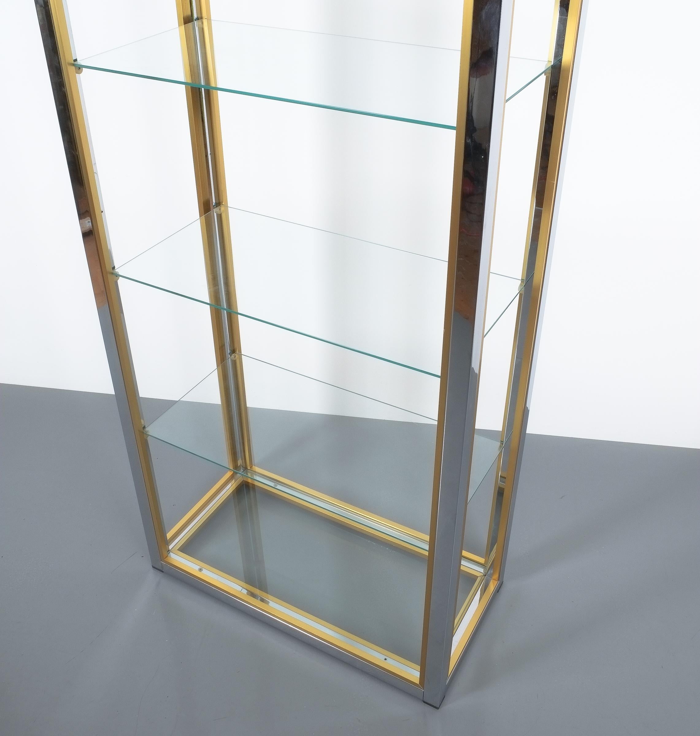 Pair of Renato Zevi Étagères Shelving Console Chrome and Brass Glass 7