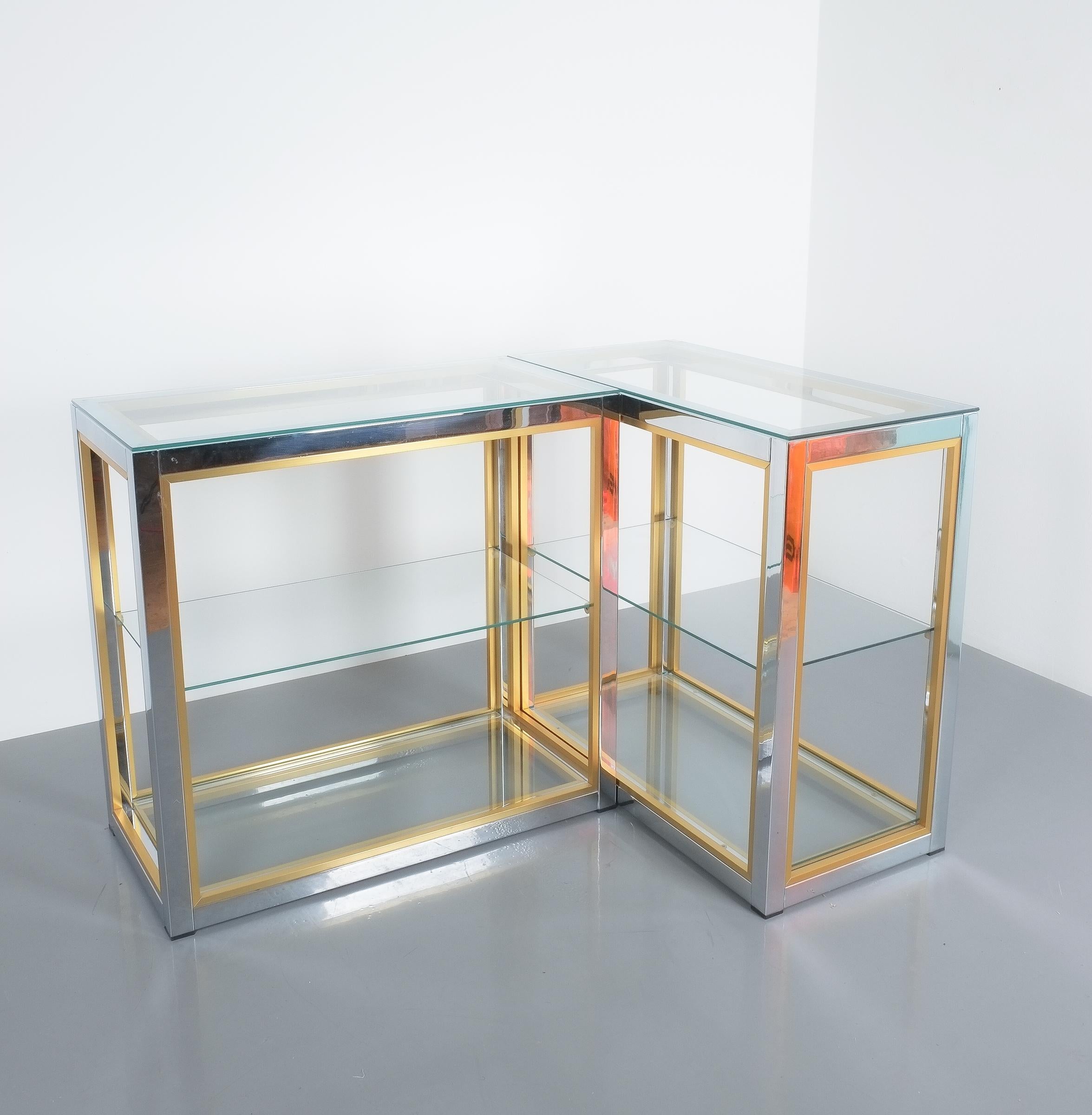 Hollywood Regency Pair of Renato Zevi Étagères Shelving Console Chrome and Brass Glass