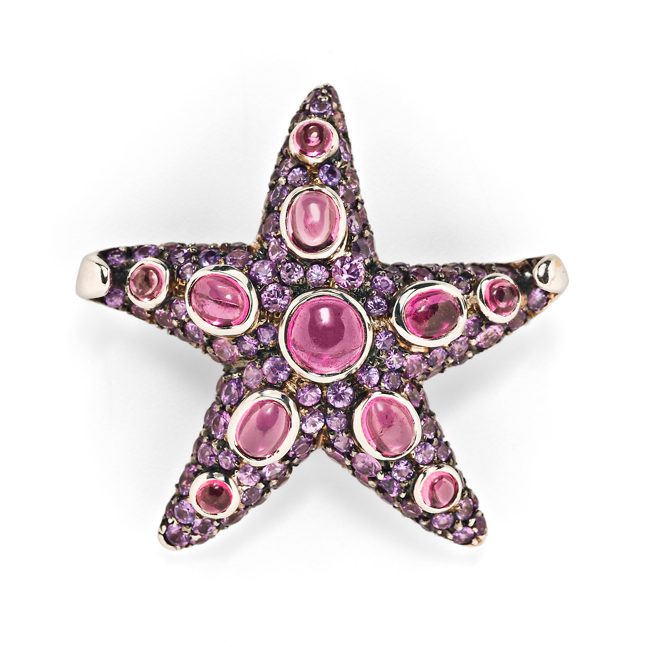 Contemporary Pair of René Boivin “Etoile de Mer” Sapphire and Tourmaline Brooches For Sale