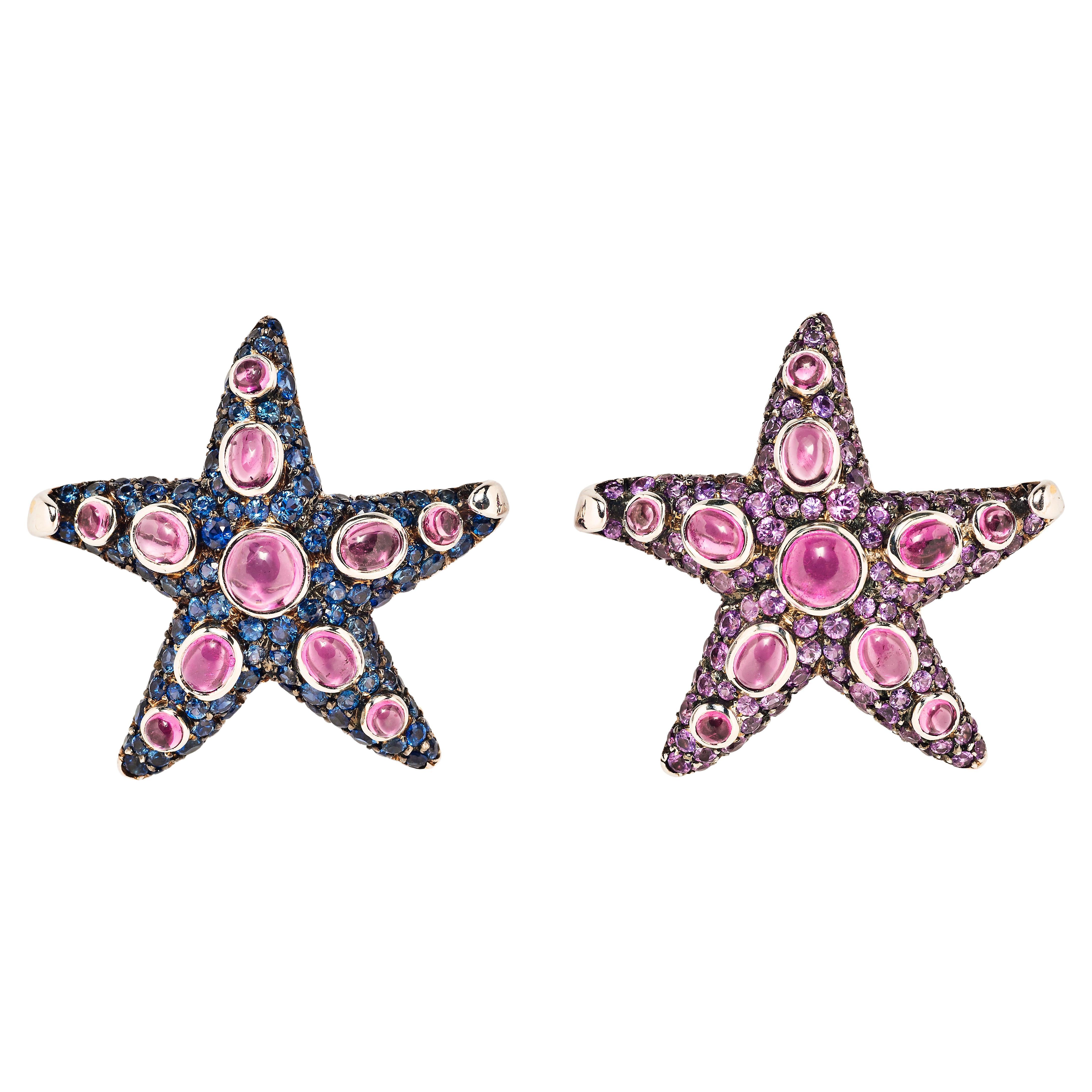 Paire de broches René Boivin "Etoile de Mer" en saphir et tourmaline en vente