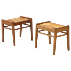 Pair of René Gabriel, French Oak Stools with Straw Seats France, circa 1940-1950