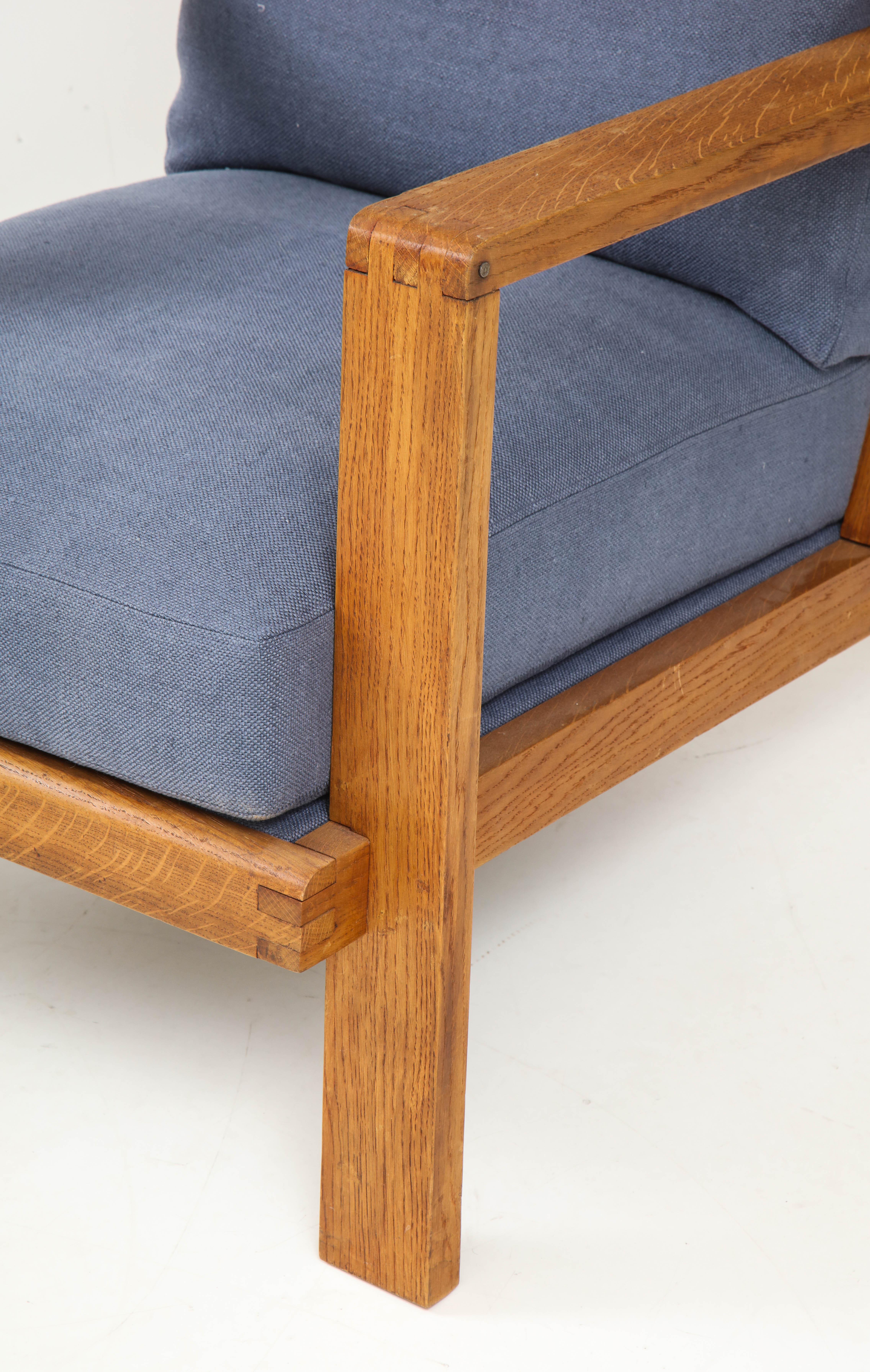 Mid-20th Century Pair of René Gabriel Oak Armchairs Upholstered in Blue Linen, France, circa 1945