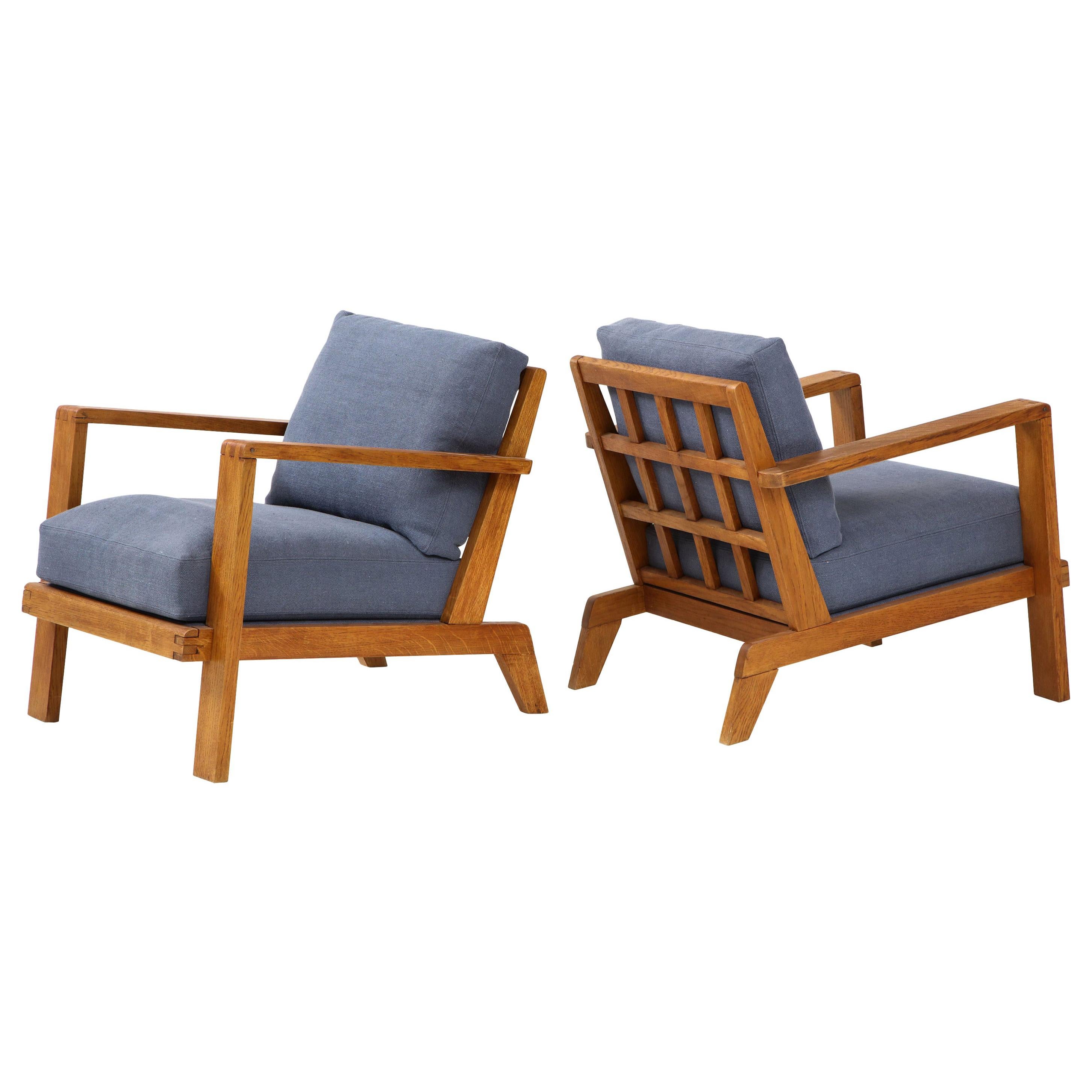 Pair of René Gabriel Oak Armchairs Upholstered in Blue Linen, France, circa 1945