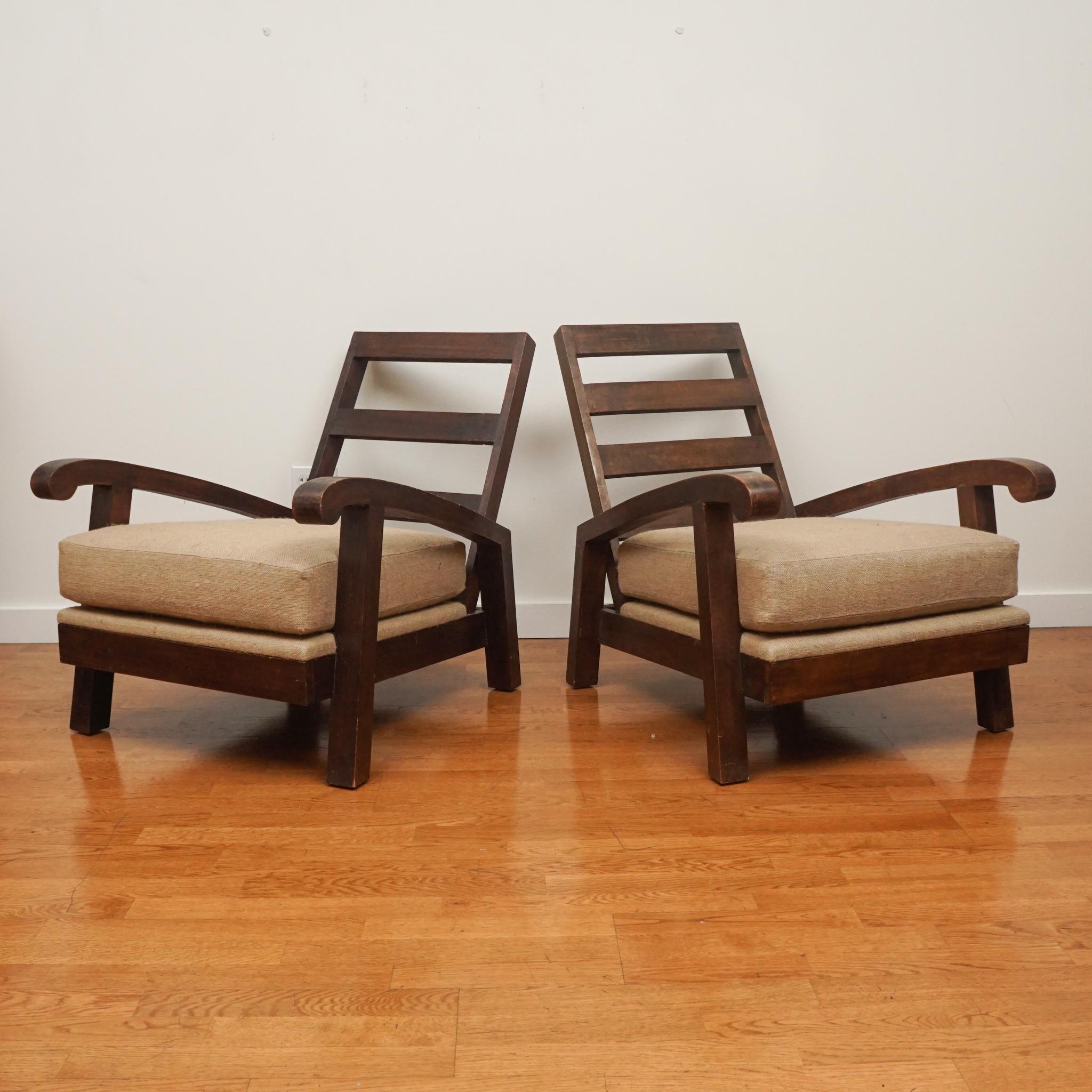Art déco Paire de chaises longues océaniques en lin de style Rene Gabriel en vente