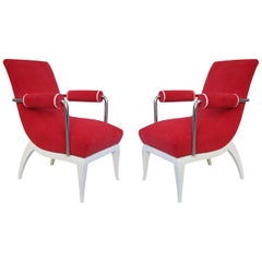 Pair of René Herbst Midcentury White Lacquer and Red Wool French Armchairs, 1950