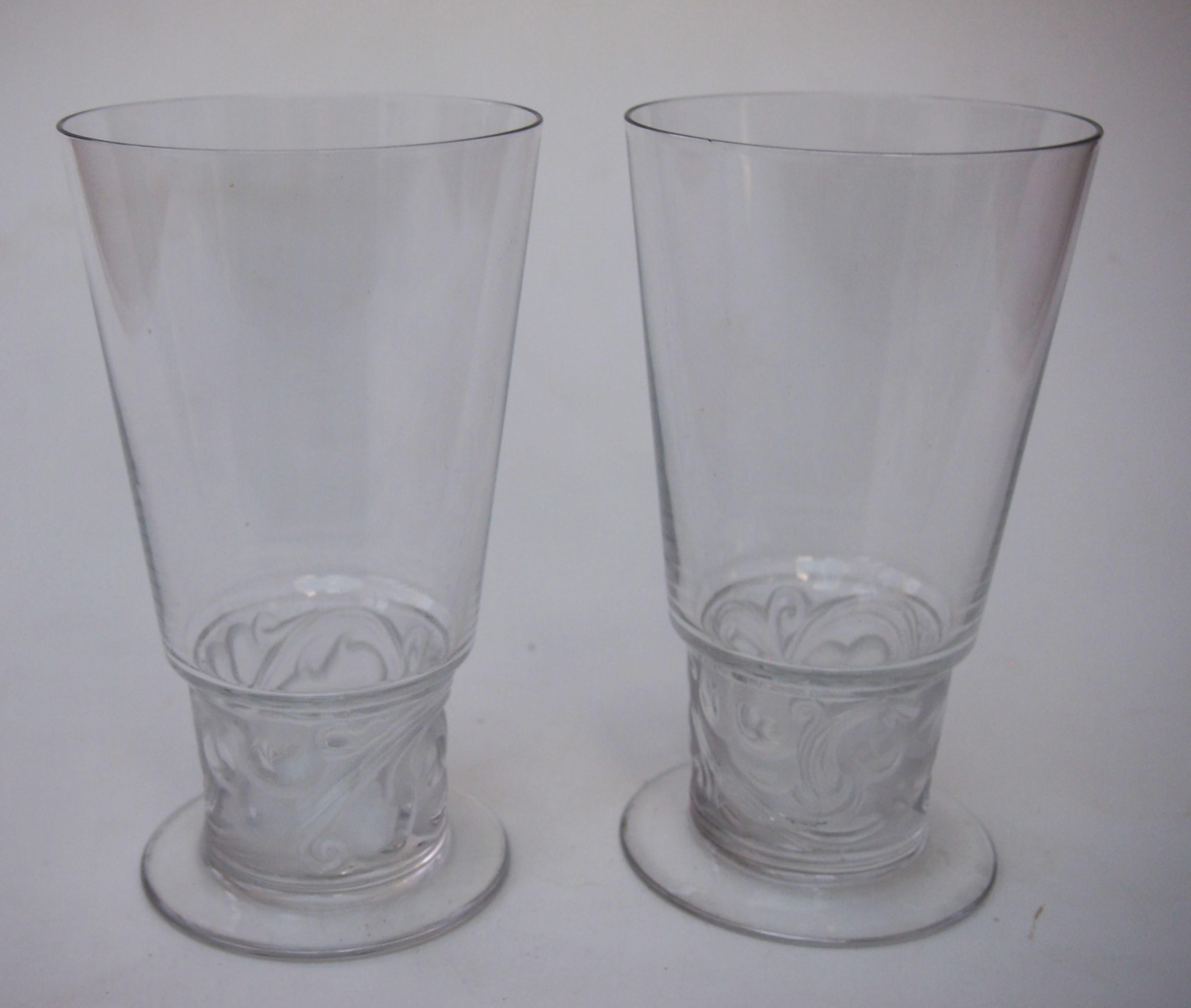 A super pair of signed, clear, glass Rene Lalique 'Marienthal' pattern Whiskey Soda glasses - designed 1931 - Ref Marcilhac 3422 p771 black edition -Both are clearly signed R Lalique. The Marienthal pattern was one of the few design patterns that