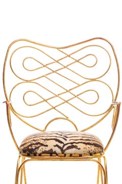 Pair of René Prou Style French Gilt Metal Chairs with Italian Tiger Velvet Seats