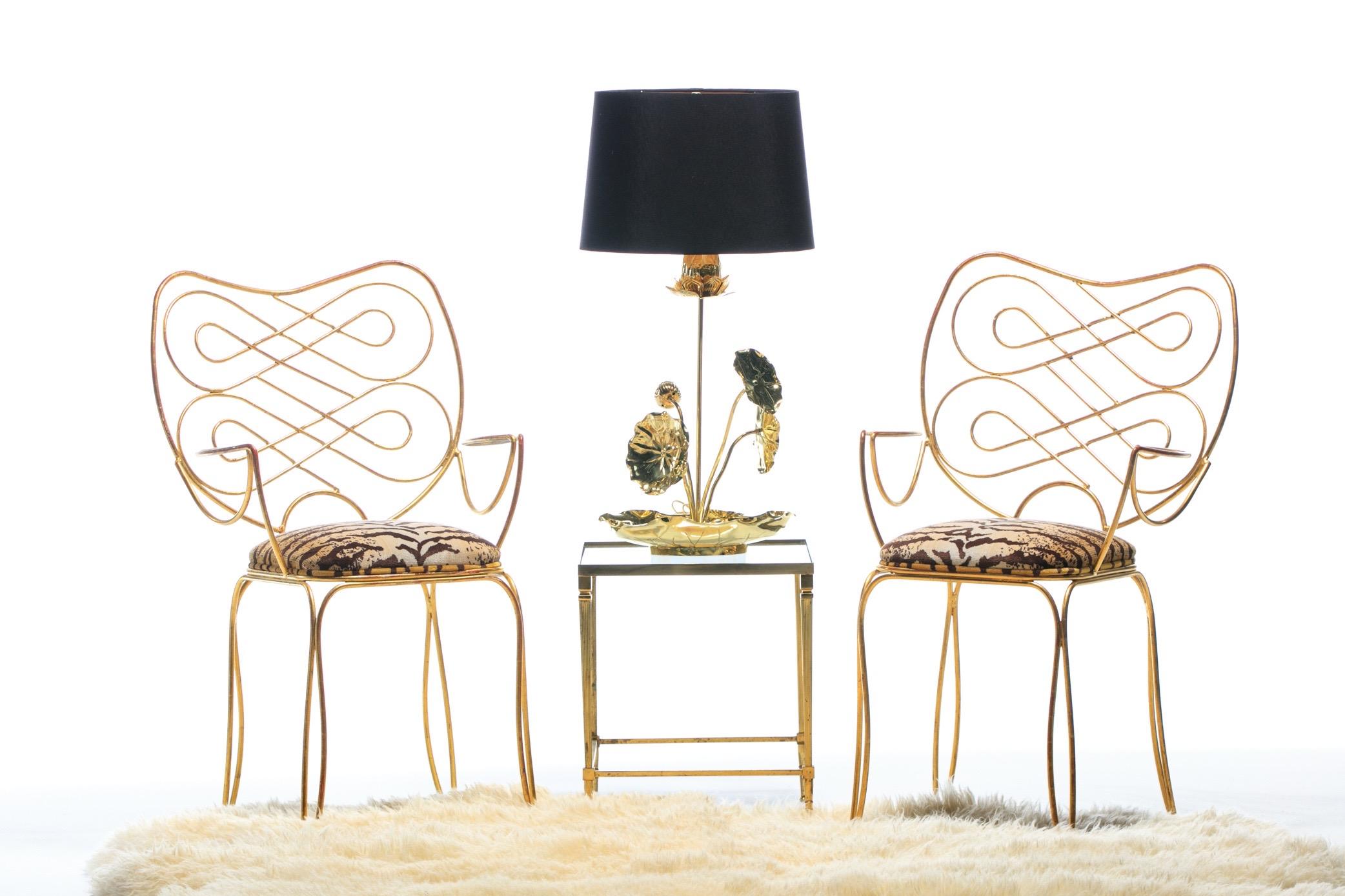 Hollywood Regency Pair of René Prou Style French Gilt Metal Chairs with Italian Tiger Velvet Seats