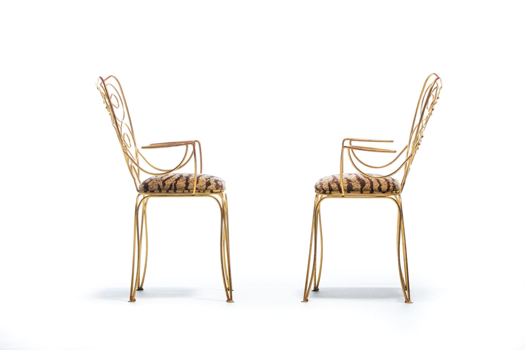 Pair of René Prou Style French Gilt Metal Chairs with Italian Tiger Velvet Seats 1