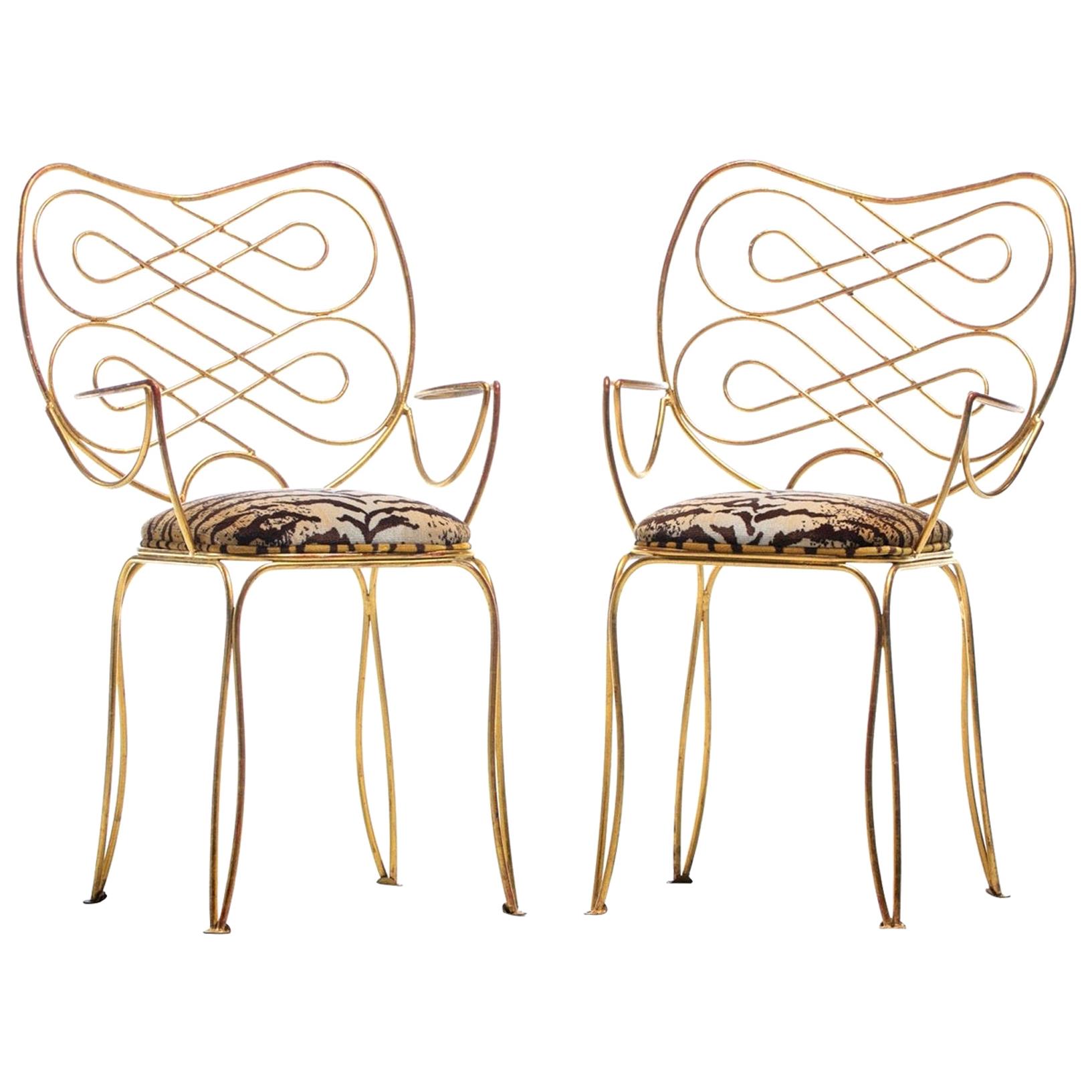 Pair of René Prou Style French Gilt Metal Chairs with Italian Tiger Velvet Seats