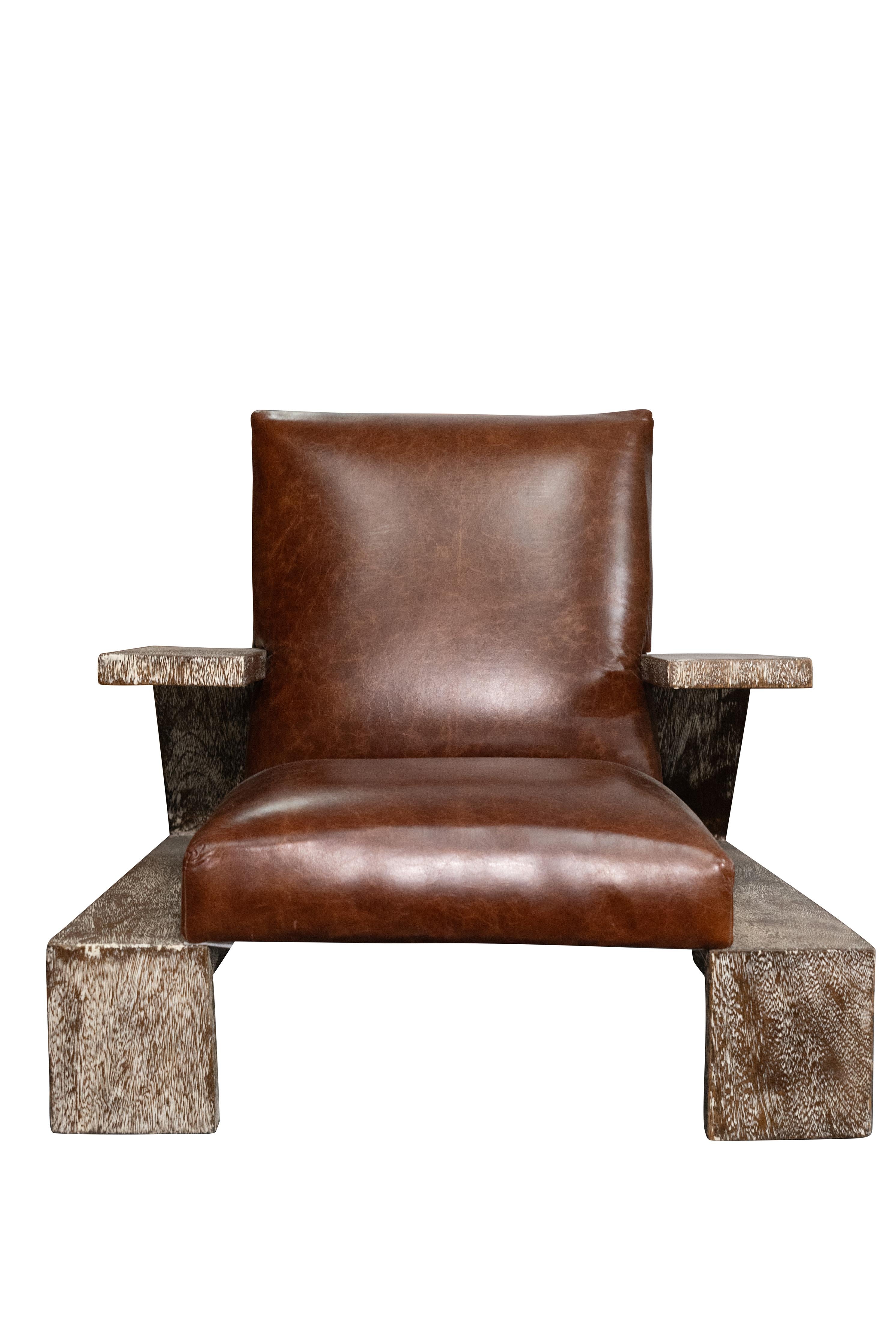 French Pair of Replica Jean Michel Frank Arm Chairs in Leather and Oak For Sale