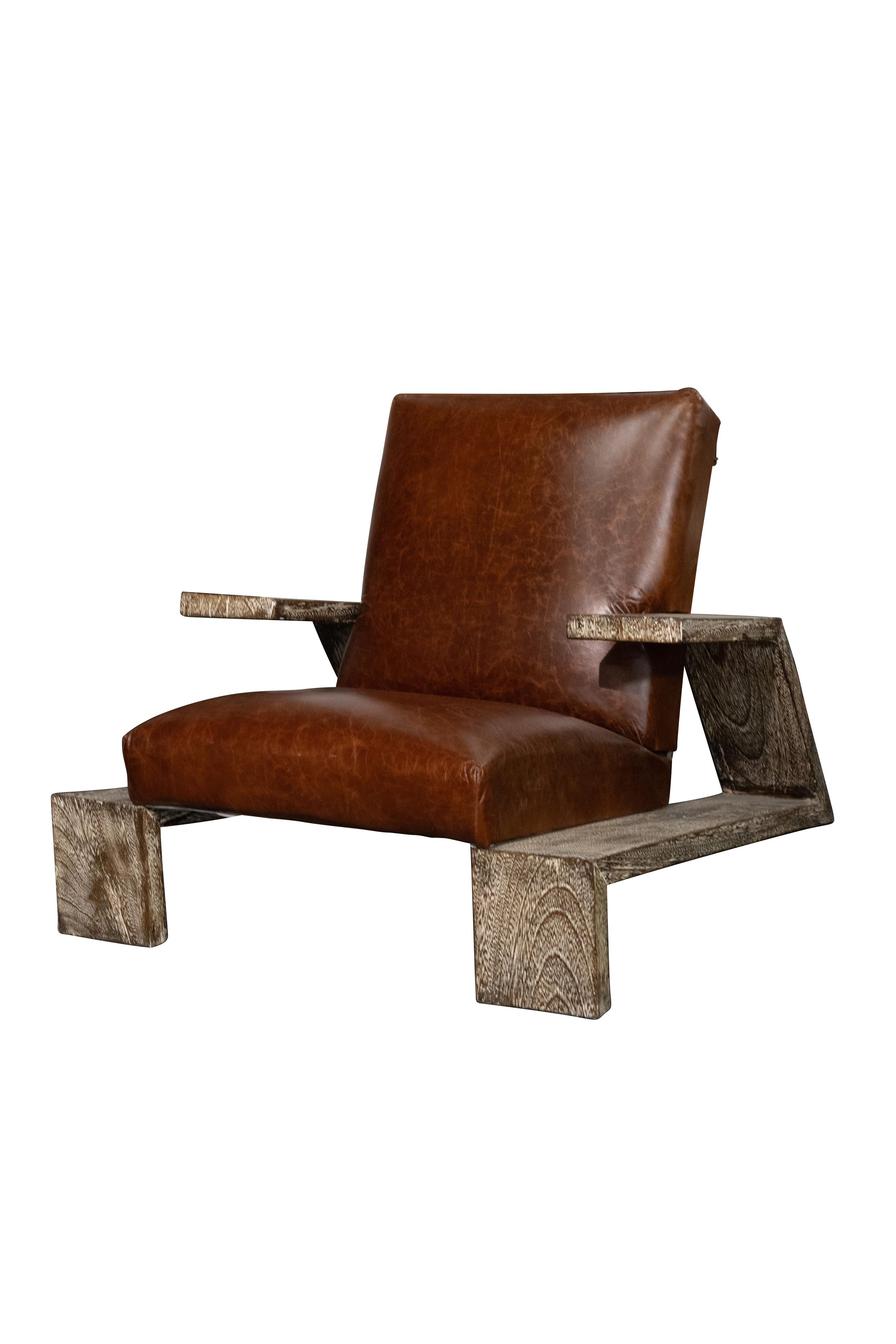 Contemporary Pair of Replica Jean Michel Frank Arm Chairs in Leather and Oak For Sale