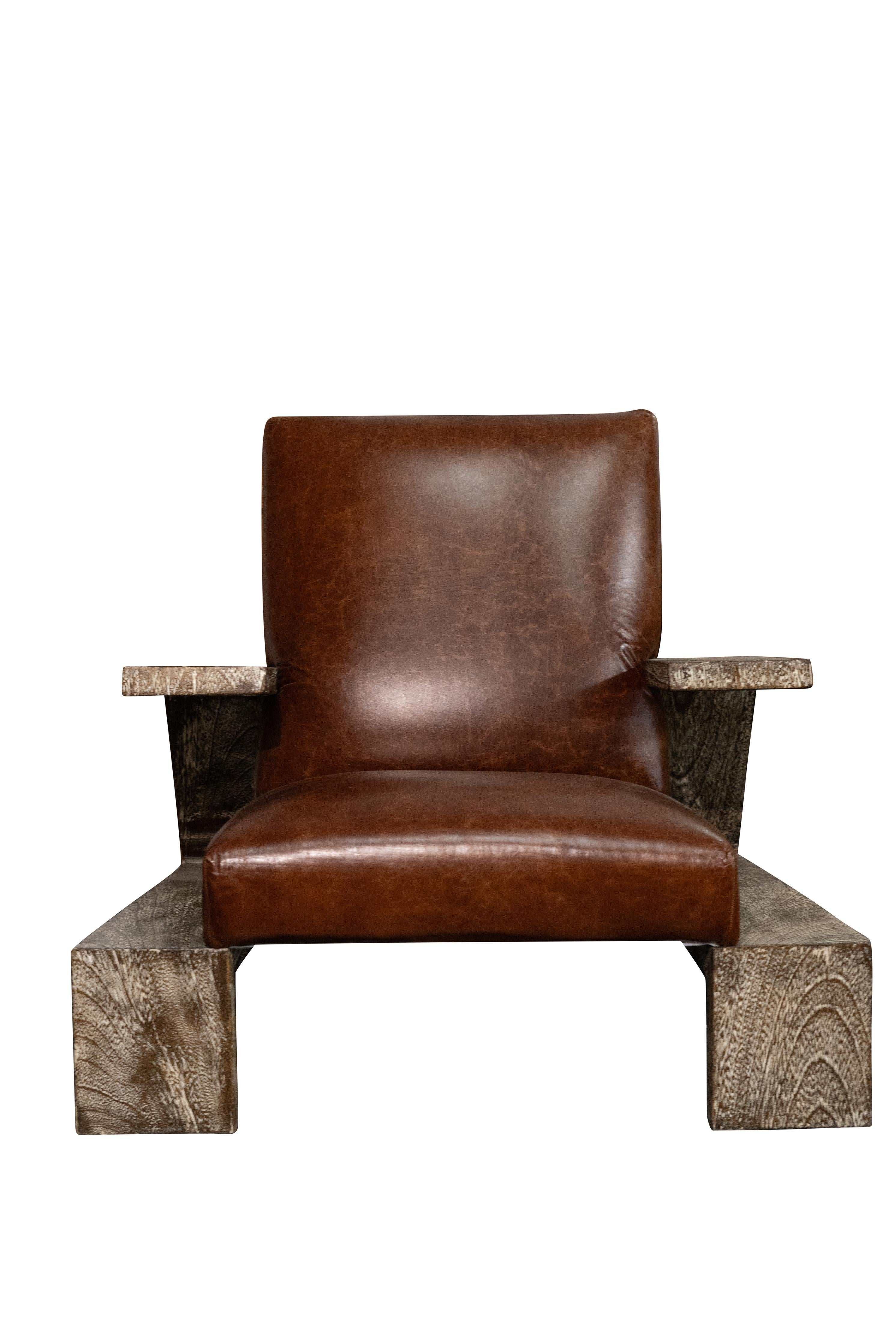 Pair of Replica Jean Michel Frank Arm Chairs in Leather and Oak For Sale 2
