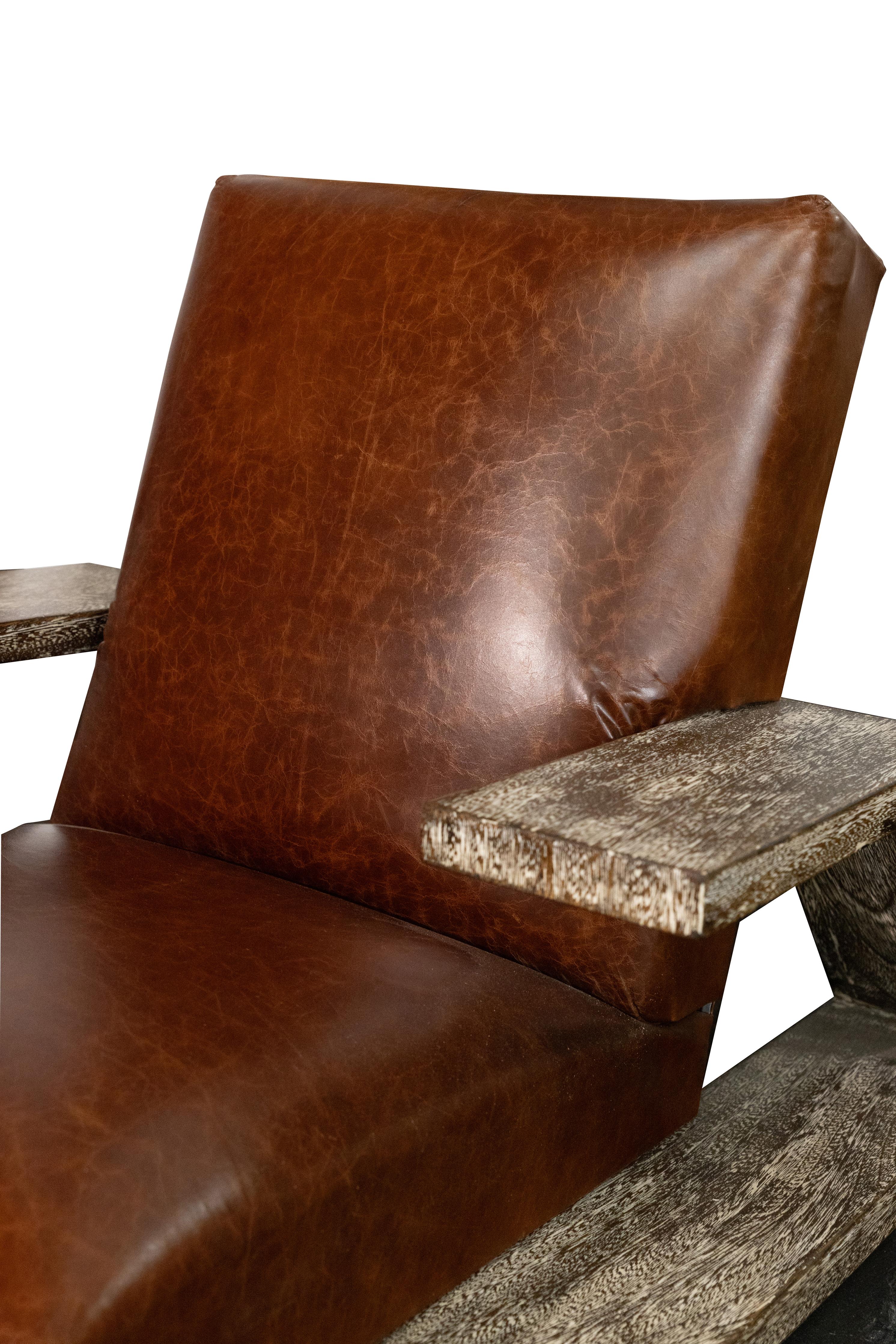 Pair of Replica Jean Michel Frank Arm Chairs in Leather and Oak For Sale 3