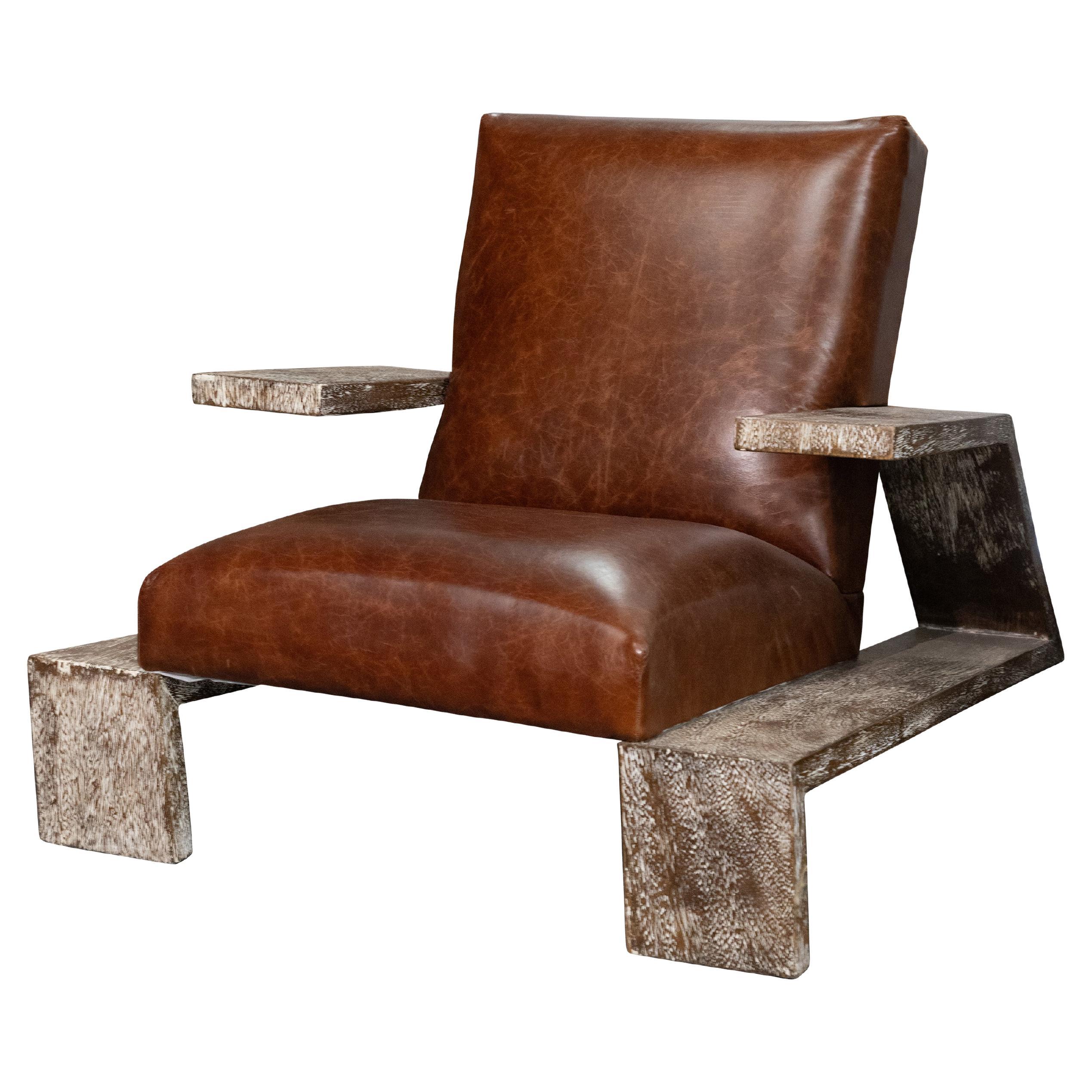Pair of Replica Jean Michel Frank Arm Chairs in Leather and Oak For Sale