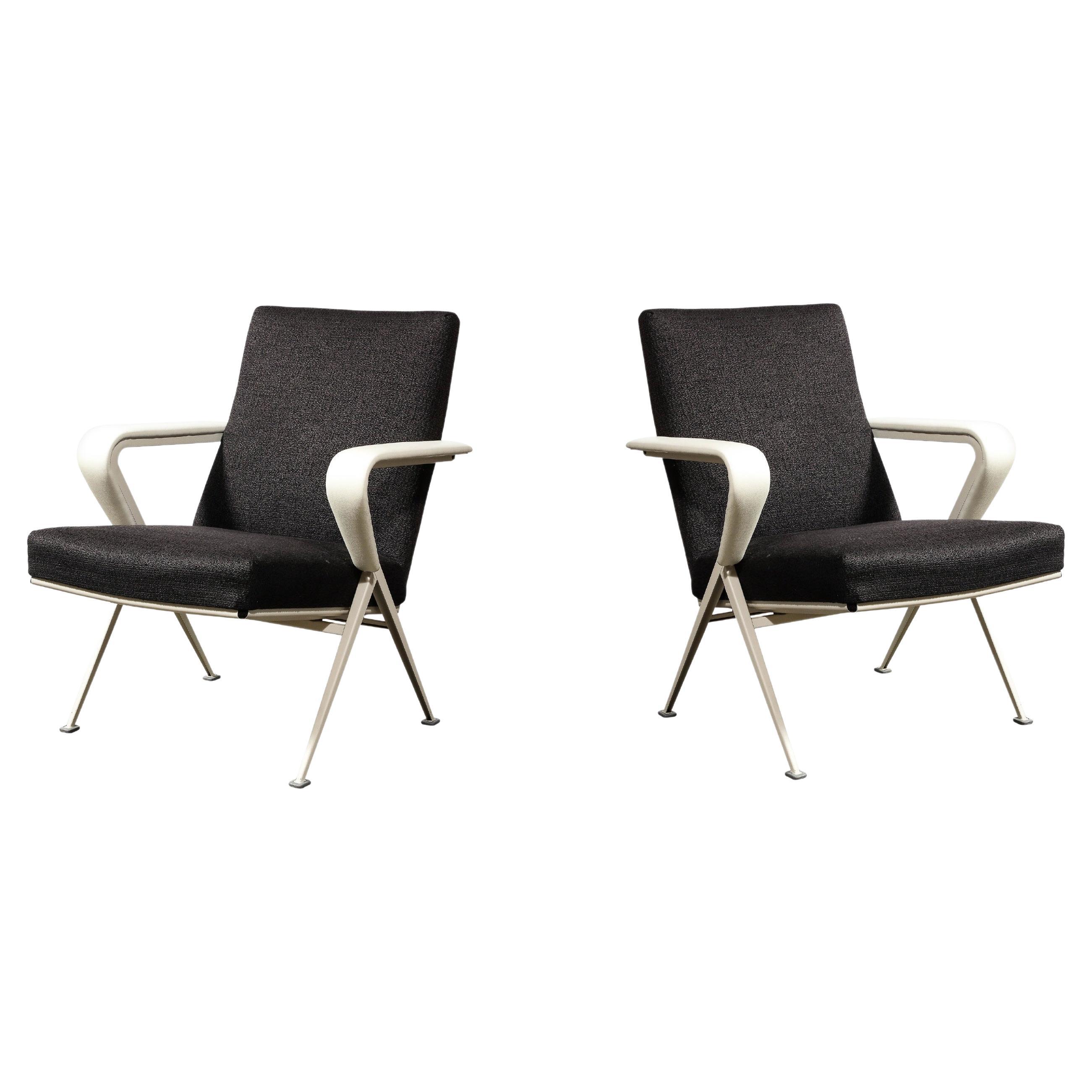 Pair of Repose Chairs in White Leather, Enameled Steel & Charcoal Upholstery For Sale