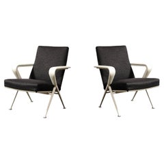 Retro Pair of Repose Chairs in White Leather, Enameled Steel & Charcoal Upholstery