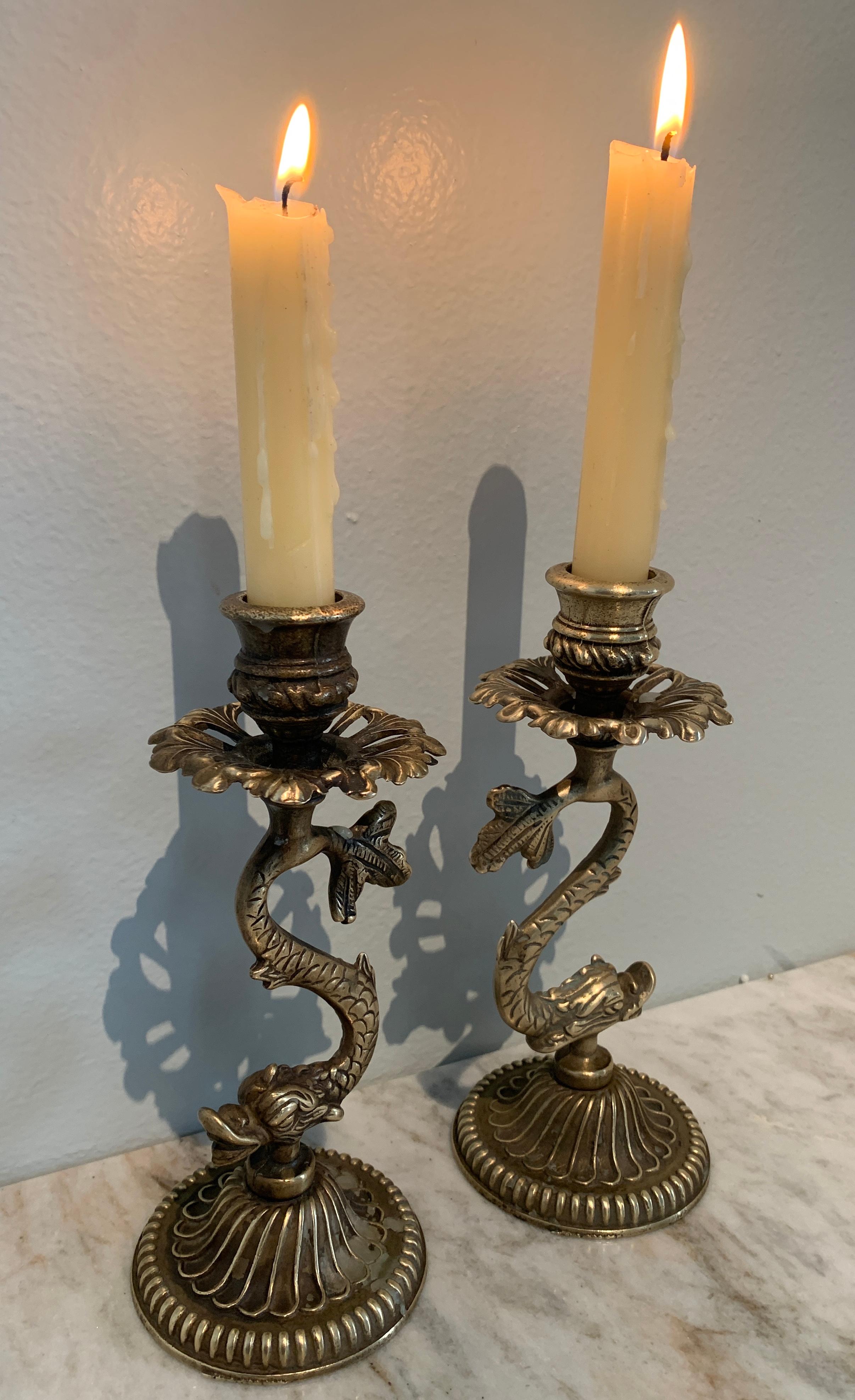 20th Century Pair of Repoussé Brass Dolphin Candlesticks For Sale