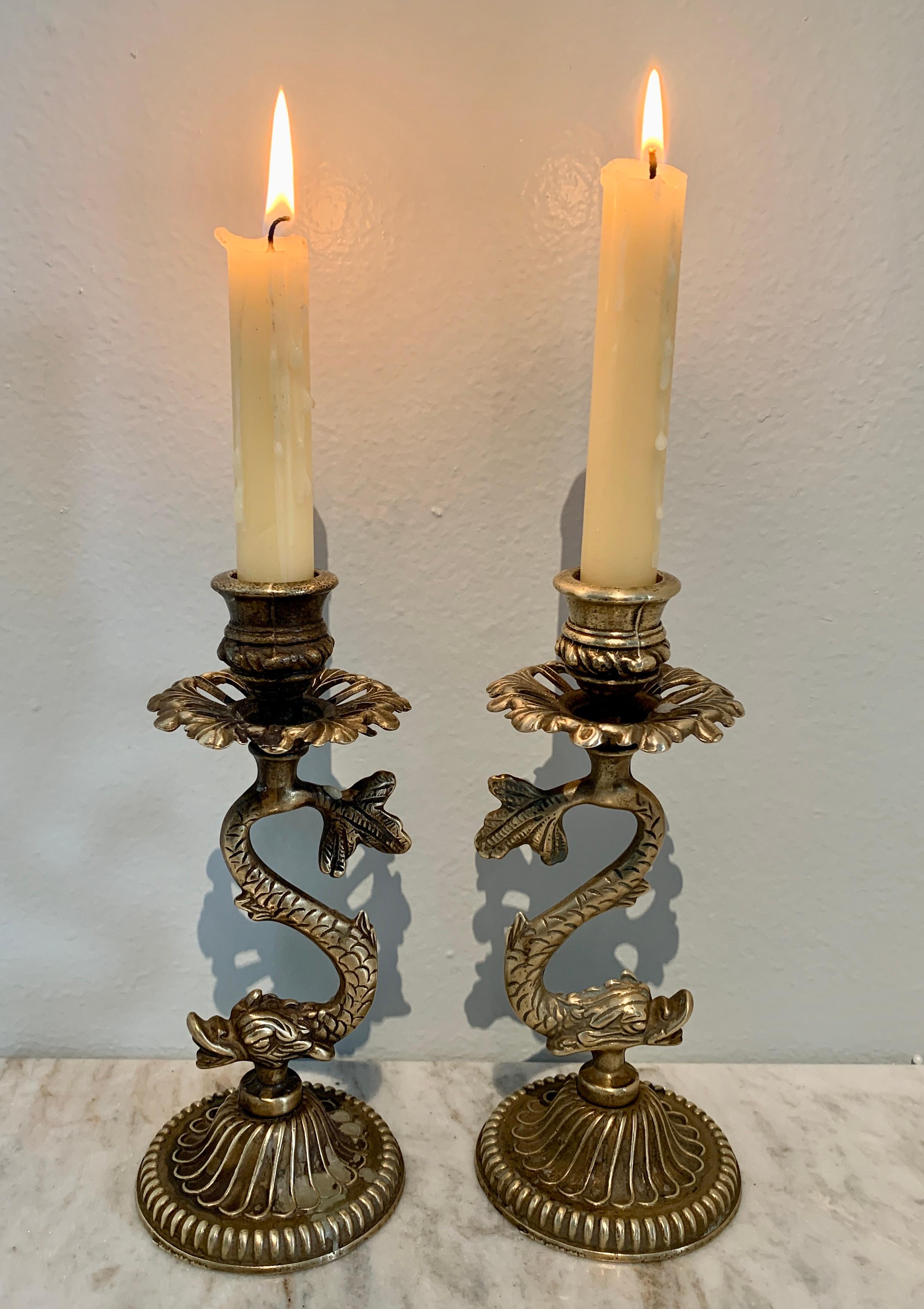 Pair of Repoussé Brass Dolphin Candlesticks For Sale 1