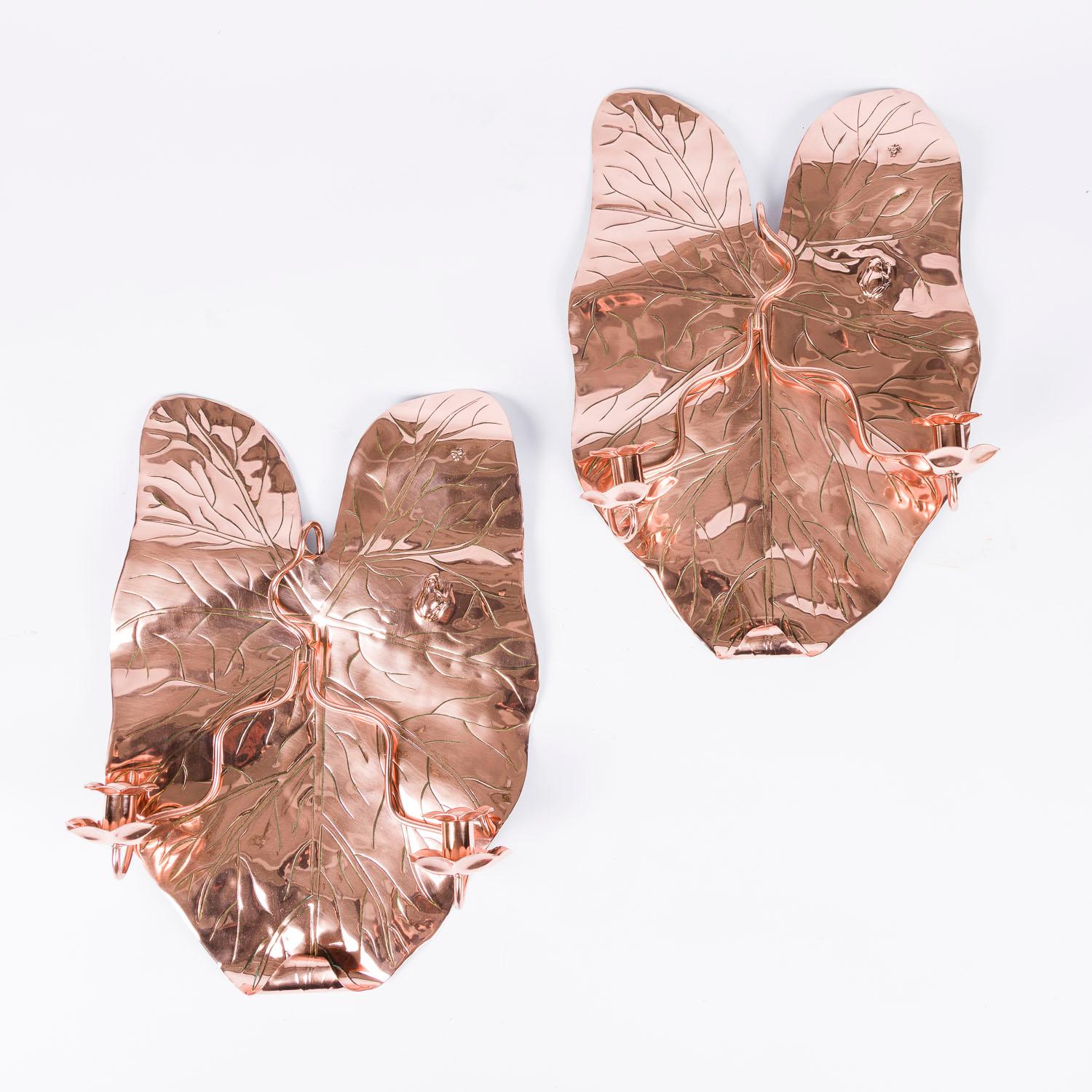 Pair of repoussé copper twin arm sconces in the form of a leaf For Sale 7