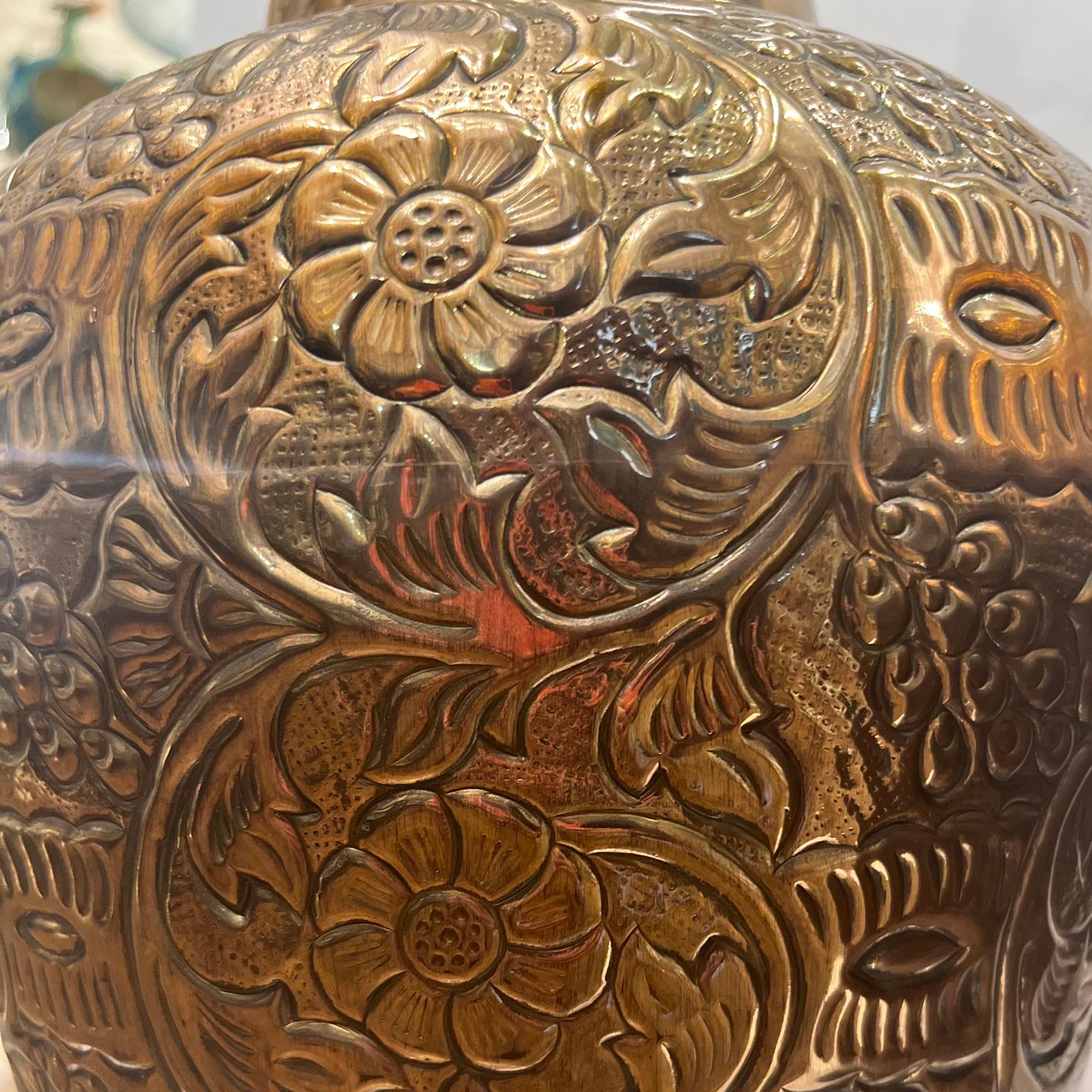 Italian Pair of Repousse Floral Lamps For Sale