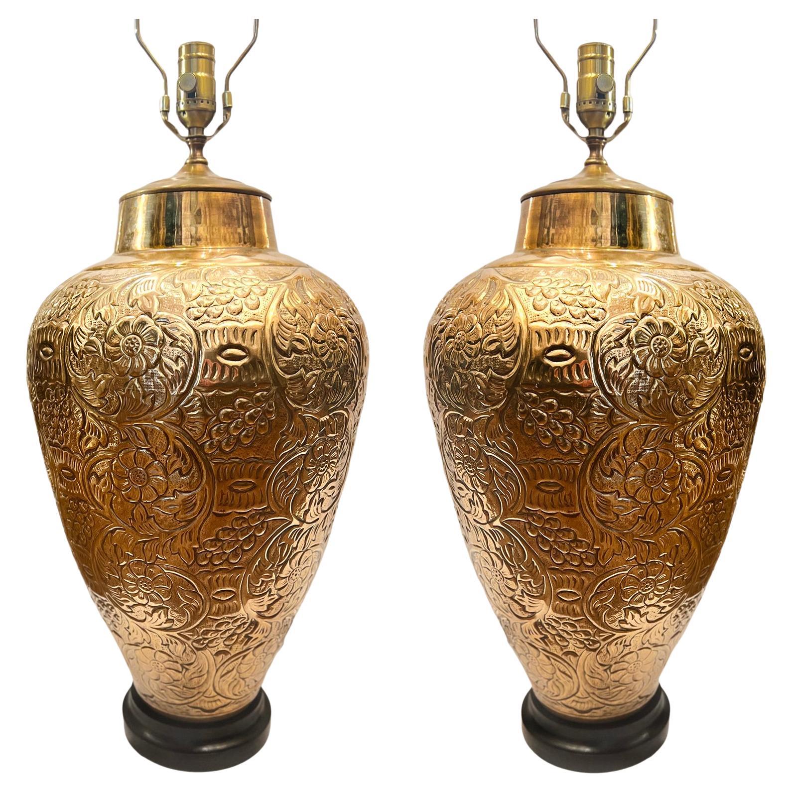 Pair of Repousse Floral Lamps For Sale