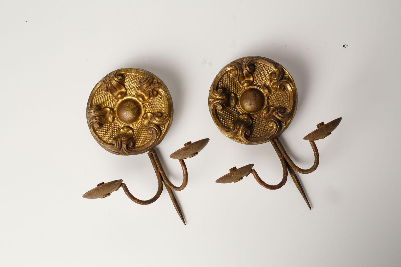French Pair of Repousse Sconces For Sale