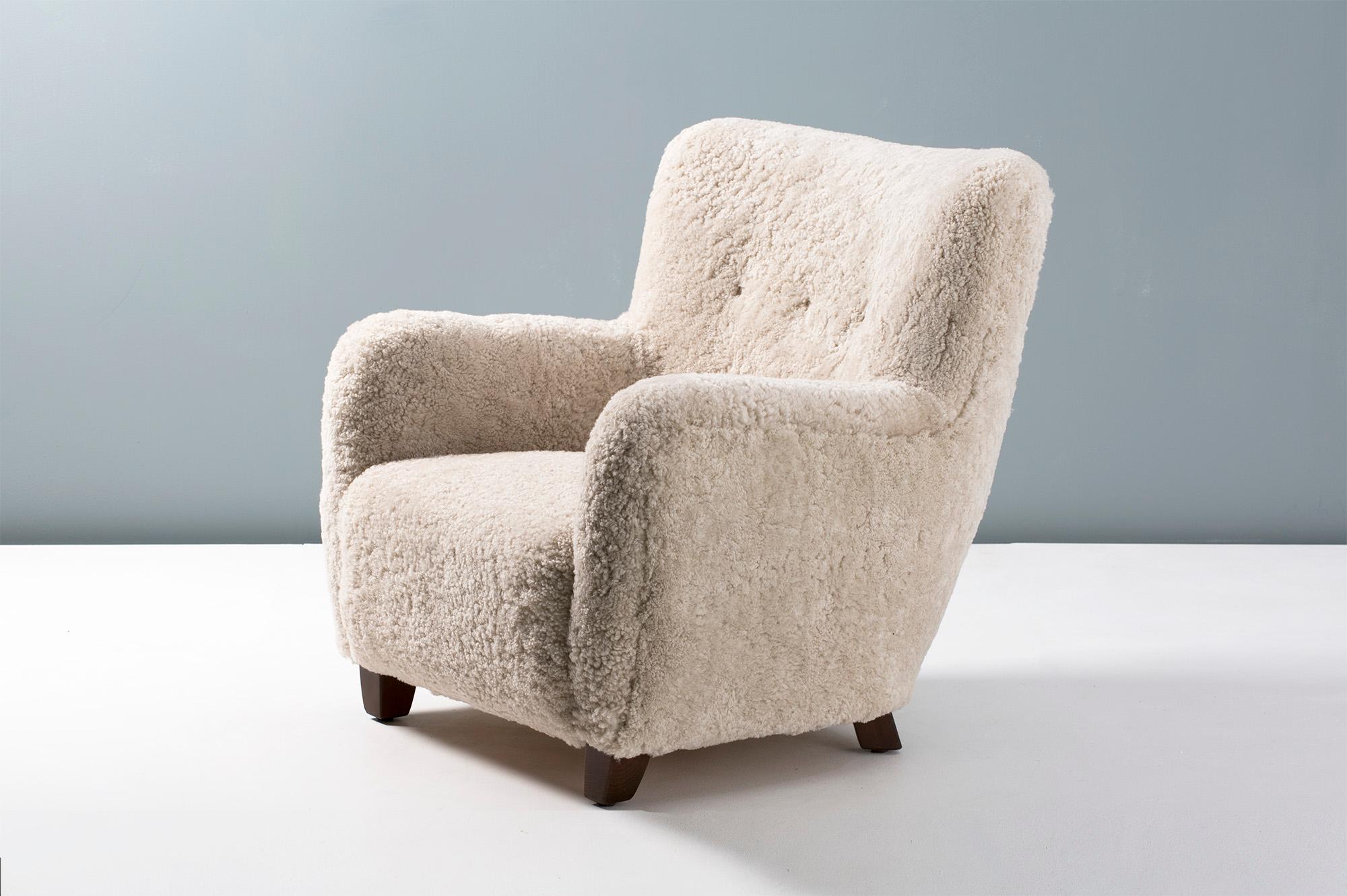 Scandinavian Modern Pair of Custom Made Danish Modern Style Sheepskin Armchairs For Sale