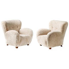 Pair of Reproduction Flemming Lassen Style Sheepskin Armchairs