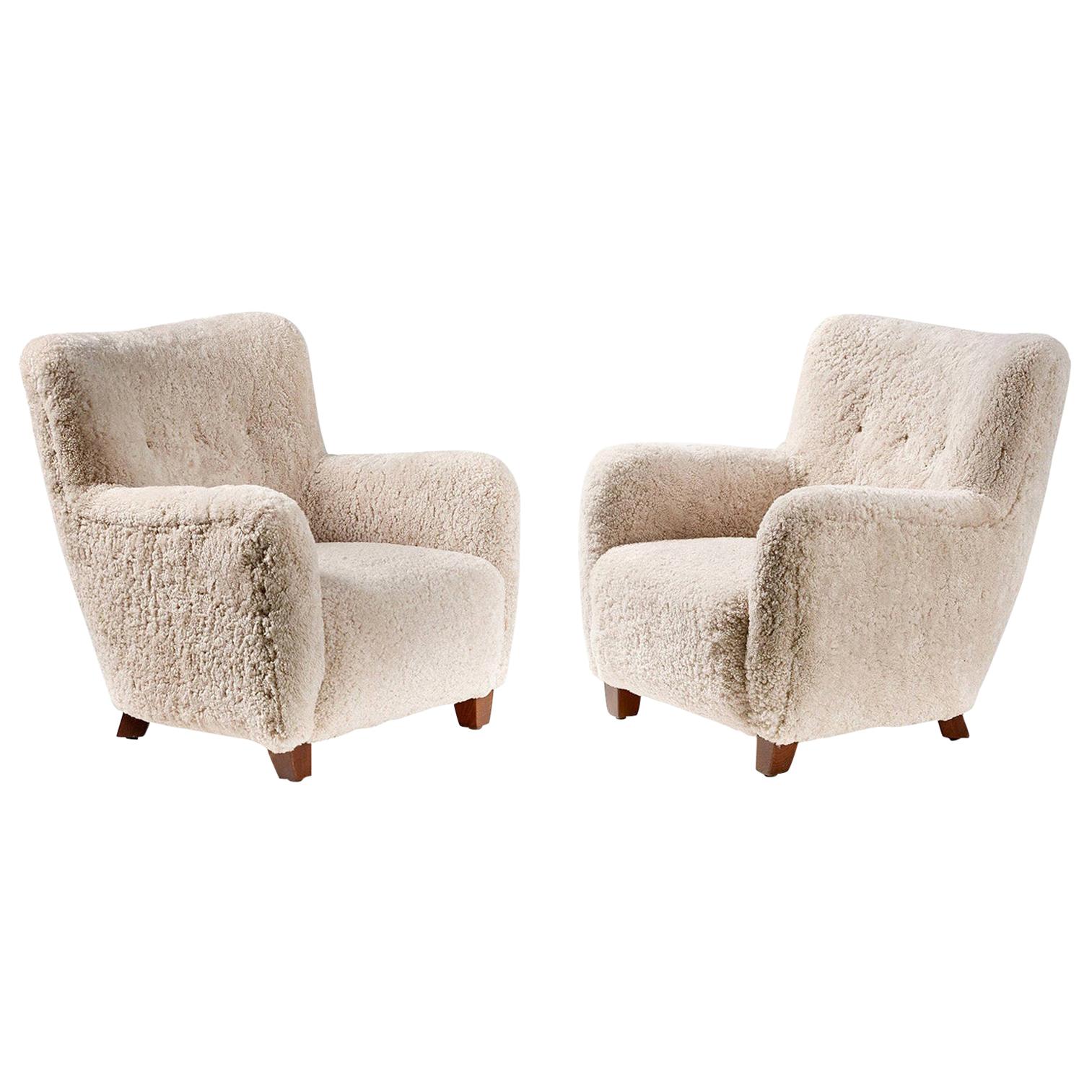 Pair of Custom Made Danish Modern Style Sheepskin Armchairs