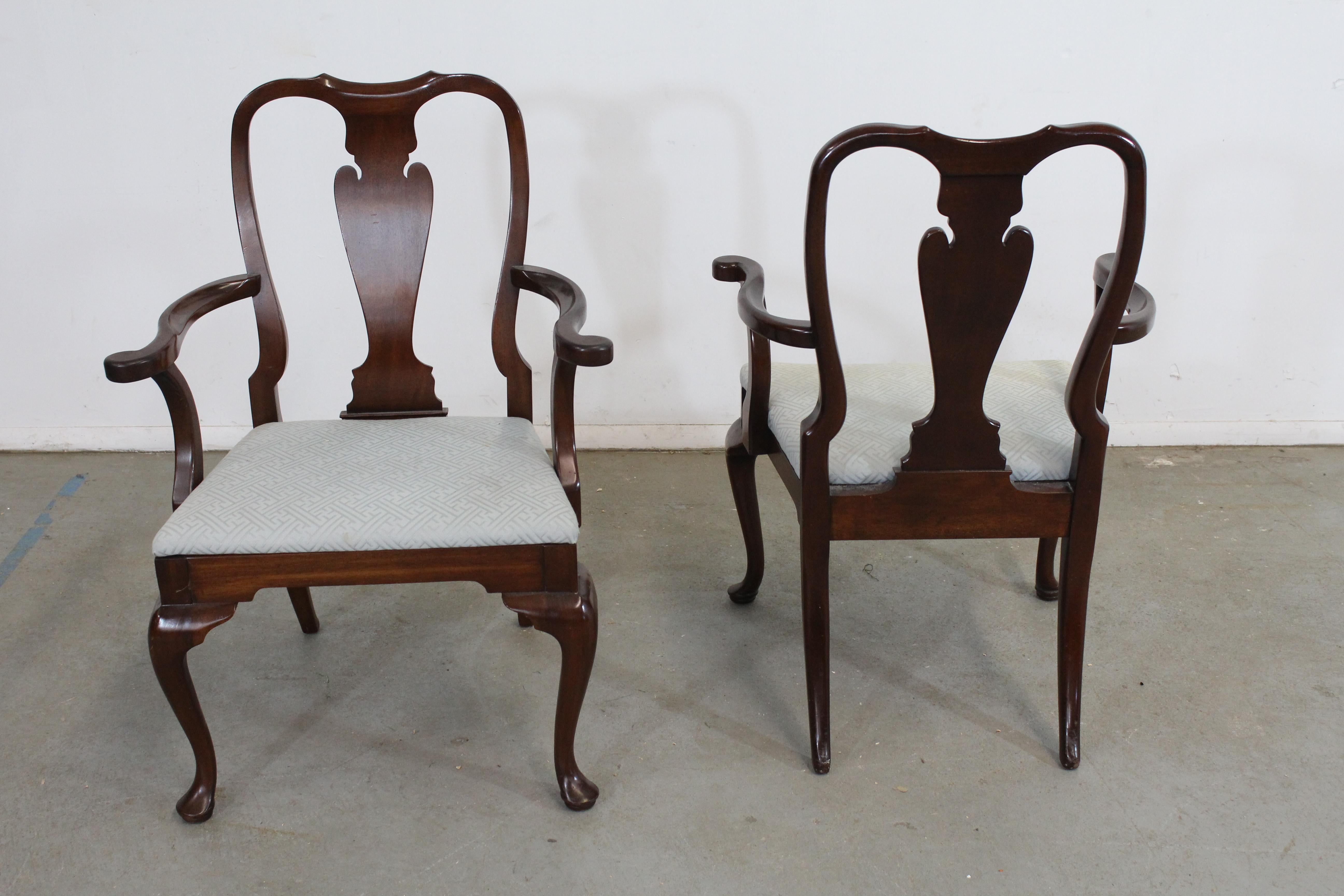 Pair of Reproduction Queen Anne Solid Mahogany Arm Dining Chairs For Sale 5