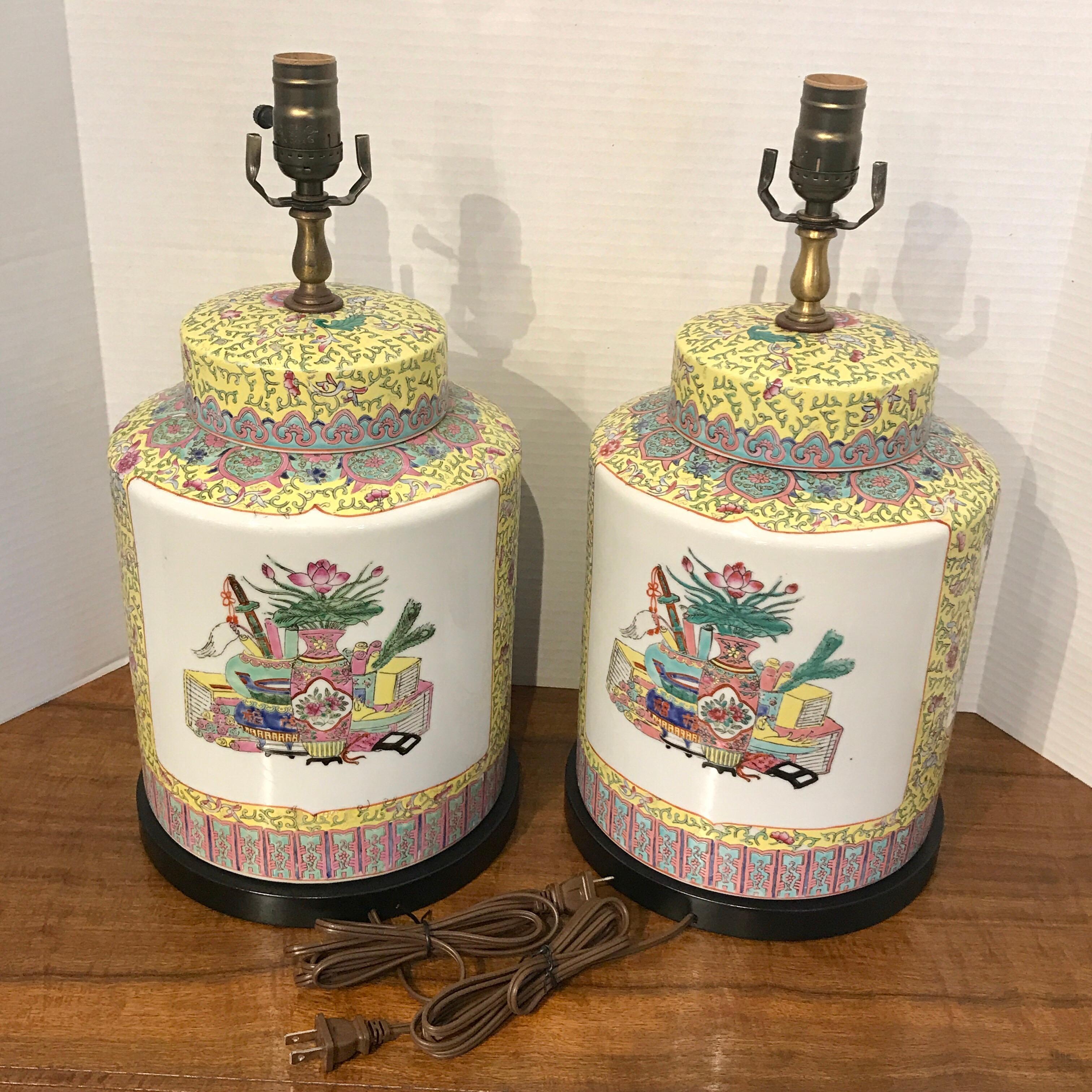 Porcelain Pair of Republic Chinese Export Yellow Famille Verte Lamps