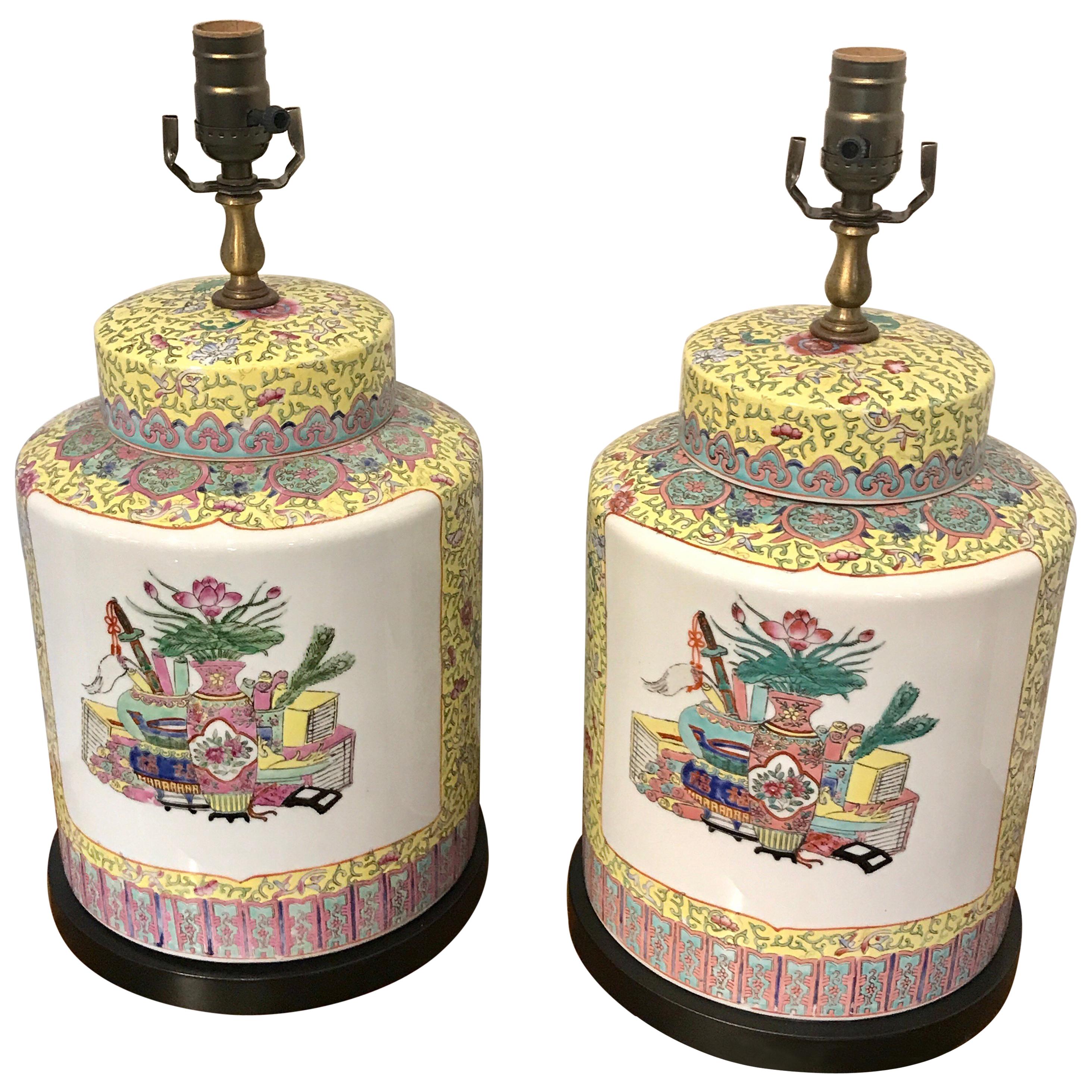 Pair of Republic Chinese Export Yellow Famille Verte Lamps For Sale