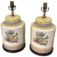 Pair of Republic Chinese Export Yellow Famille Verte Lamps
