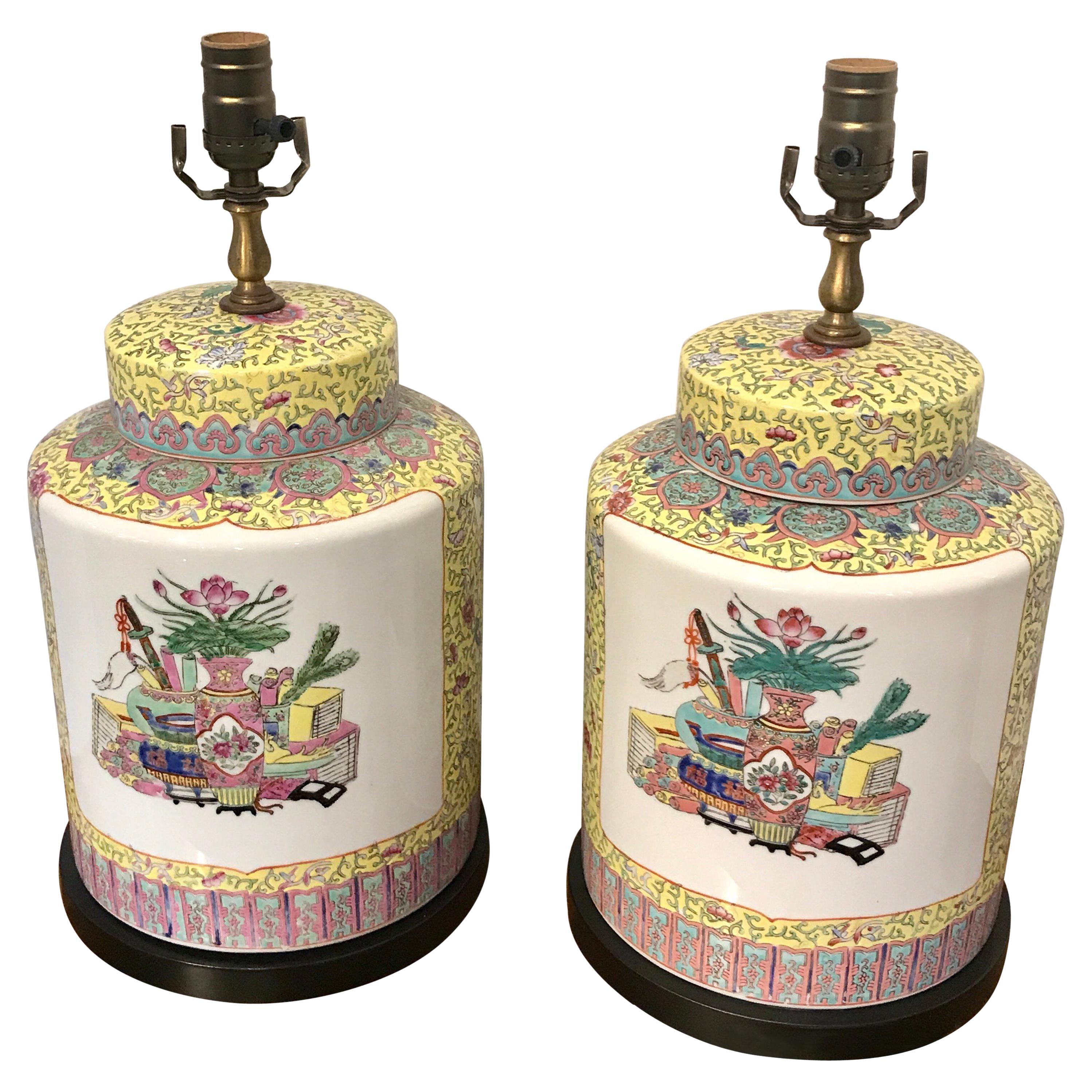 Pair of Republic Chinese Export Yellow Famille Verte Lamps