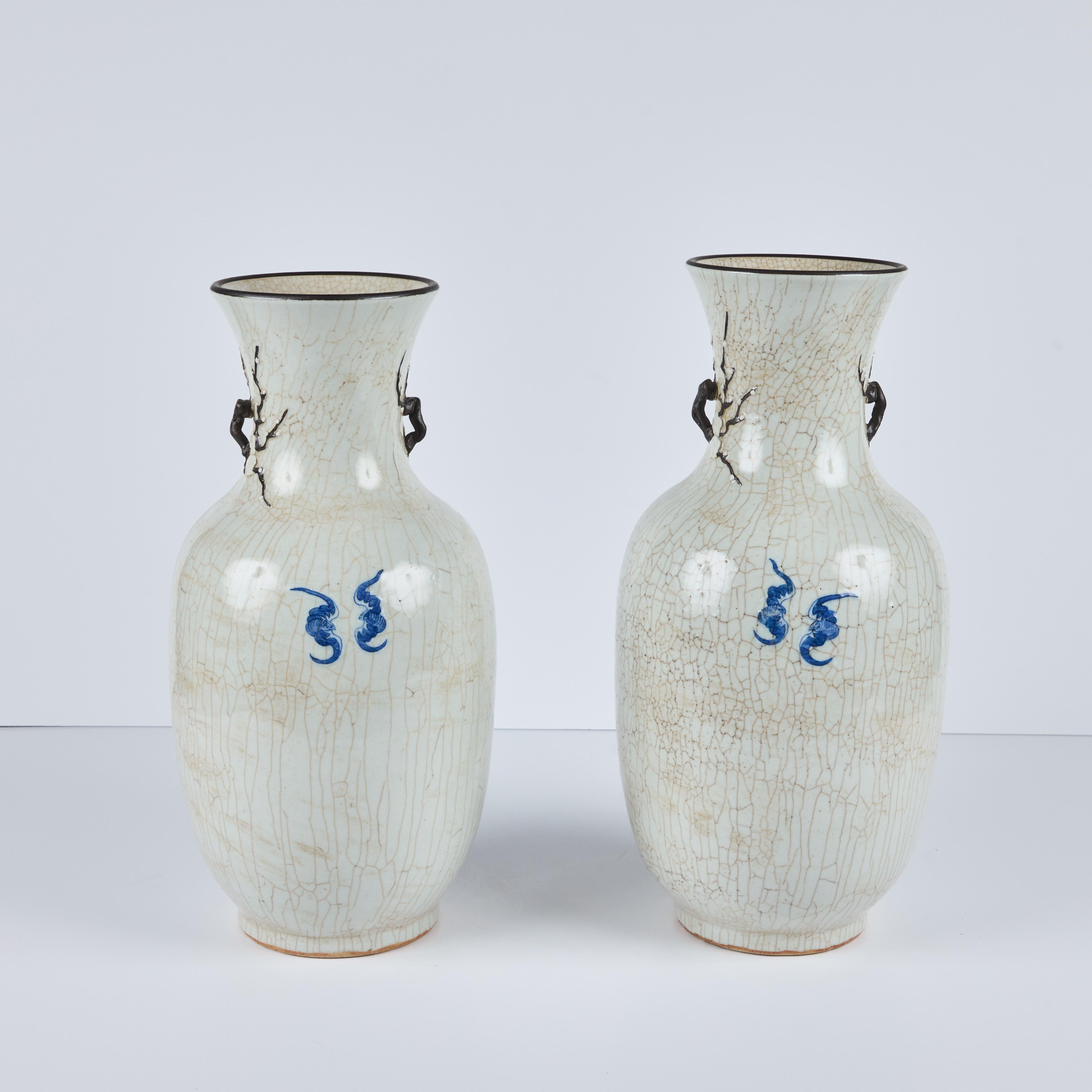 Chinoiserie Pair of Republic Period Chinese Porcelain Vases With Crackle Glaze For Sale