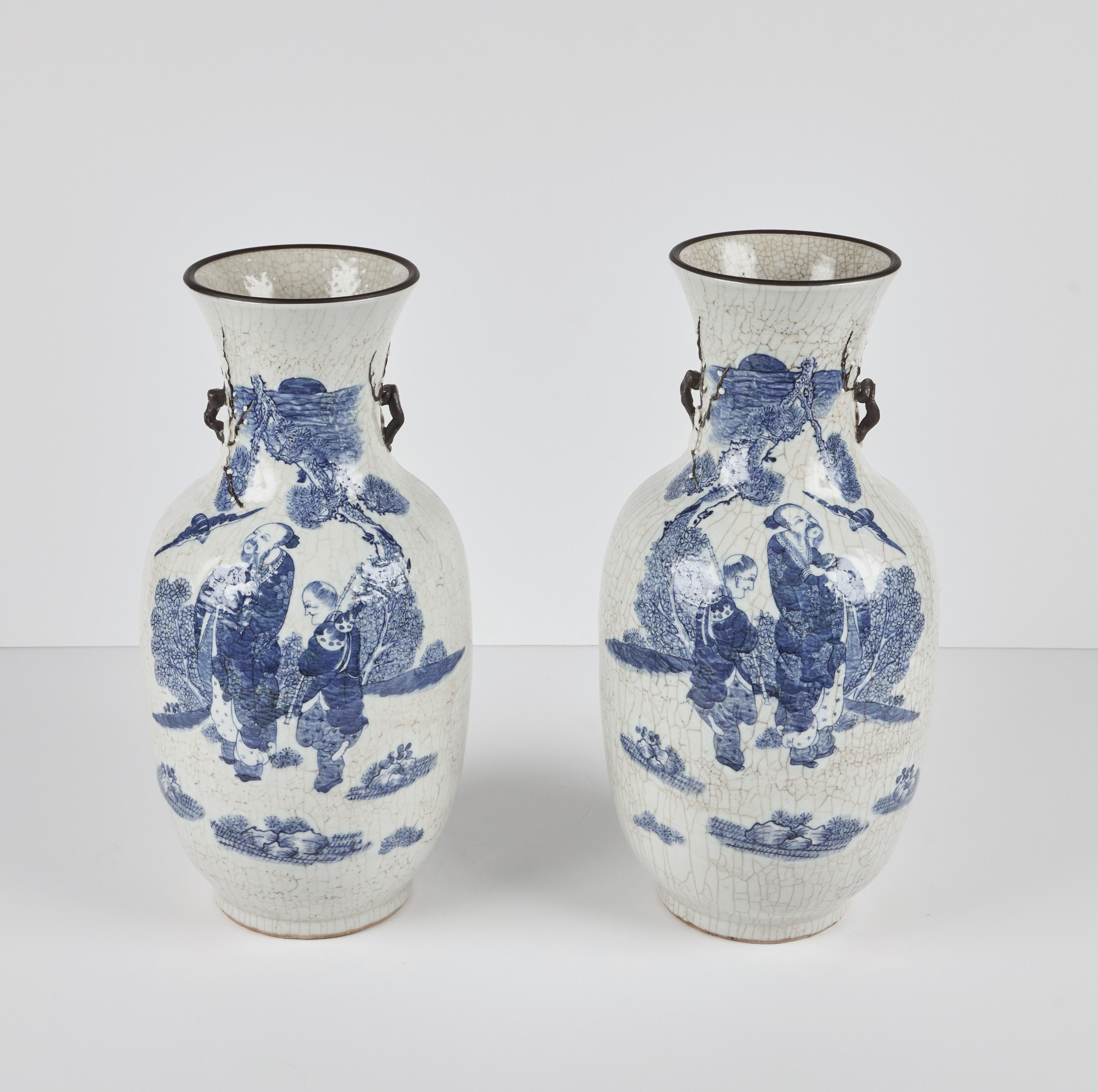 Pair of Republic Period Chinese Porcelain Vases With Crackle Glaze In Good Condition For Sale In Los Angeles, CA