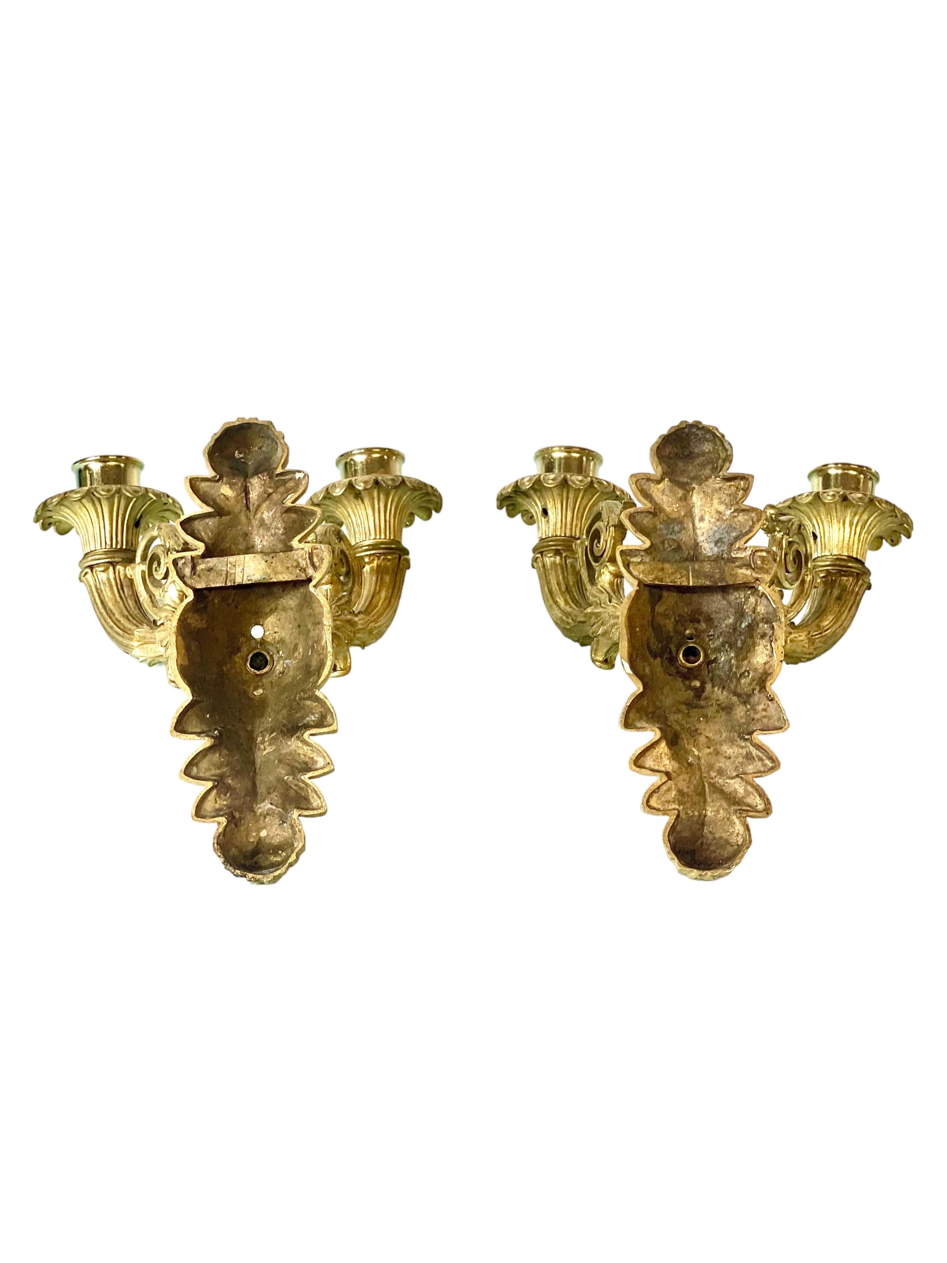 Pair of French Restauration Period Gilded Bronze Wall Sconces For Sale 5