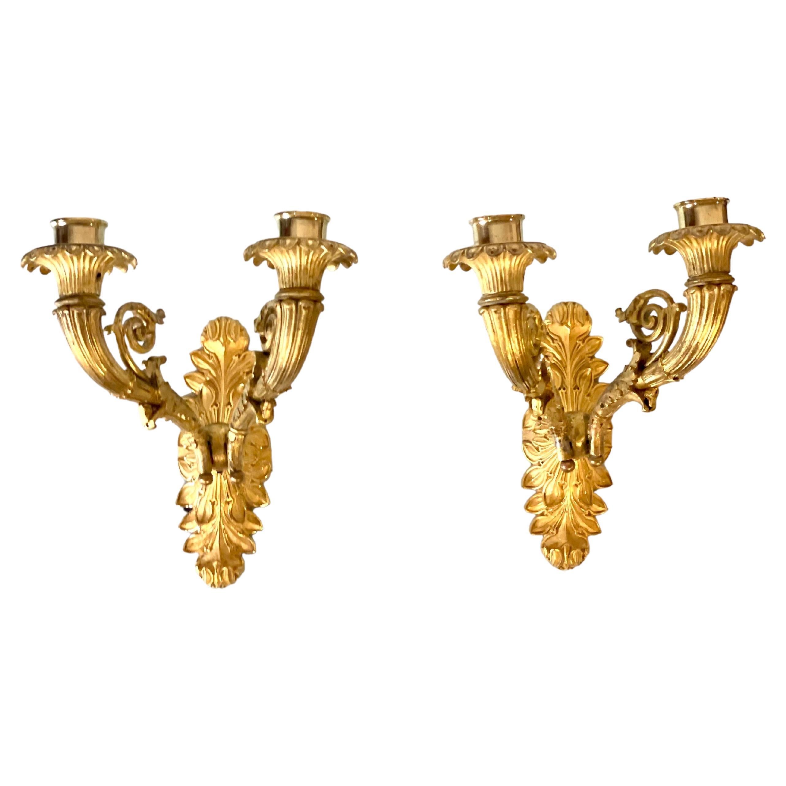 Pair of French Restauration Period Gilded Bronze Wall Sconces For Sale